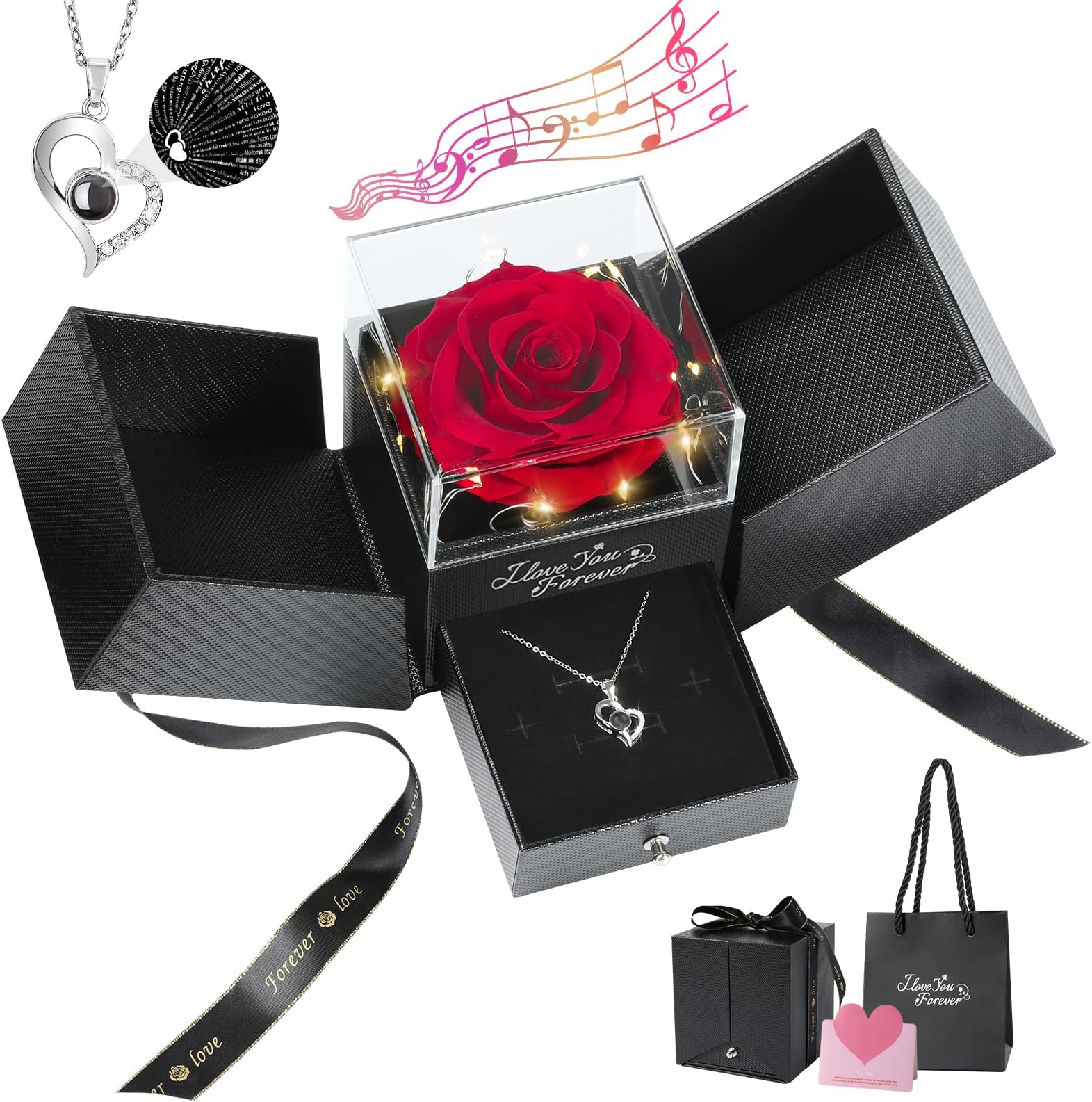 Emibele Preserved Rose Gifts for Women, Eternal Flower Rose Box with Heart Necklace, Romantic I Love You Gifts for Women Her Wife Mom Grandma on Valentines Mothers Day Birthday Anniversary