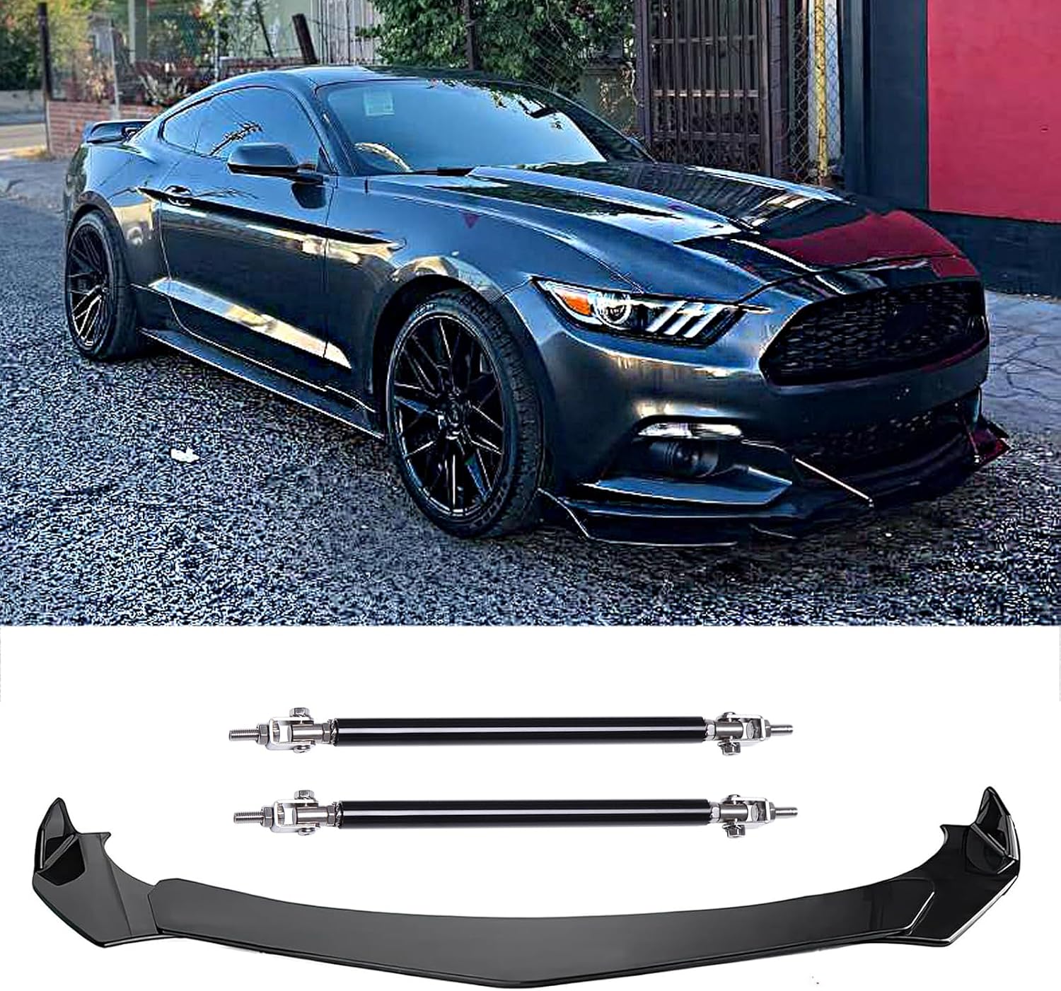 Rich Choices Universal Front Bumper Lip,Gloss Black Front Lip Spoiler Bumper Splitter Body Kit with Strut Rod Compatible with Honda Civic Accord Dodge Charger Mustang Volkswagen MK5 MK6 MK7