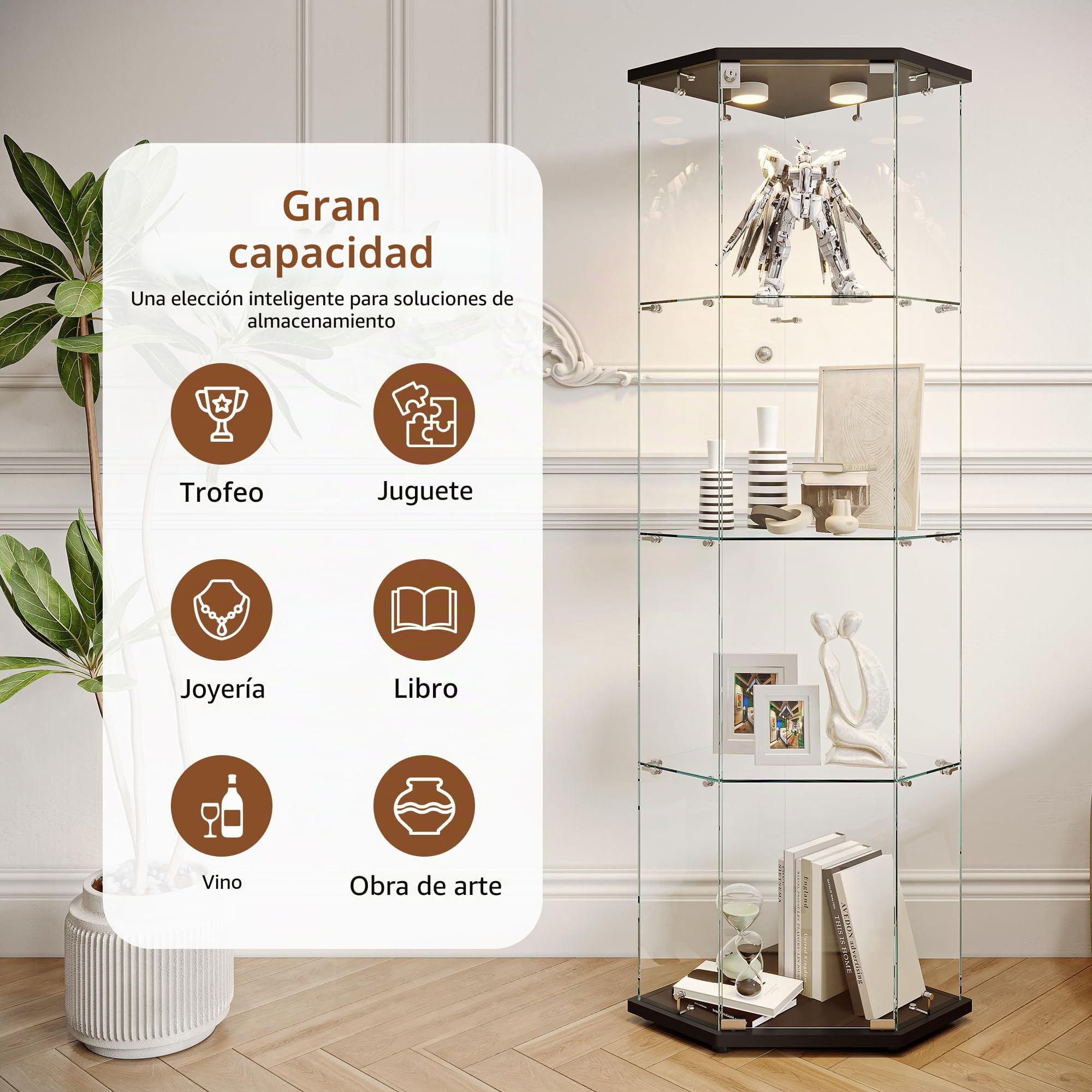 Vitrina De Cristal LED Para Colección Con 1 Puerta, Armario Esquina De 4 Capas Con Cerradura, Mueble Transparente Para Salón, Bar, Dormitorio, Oficina - Negro