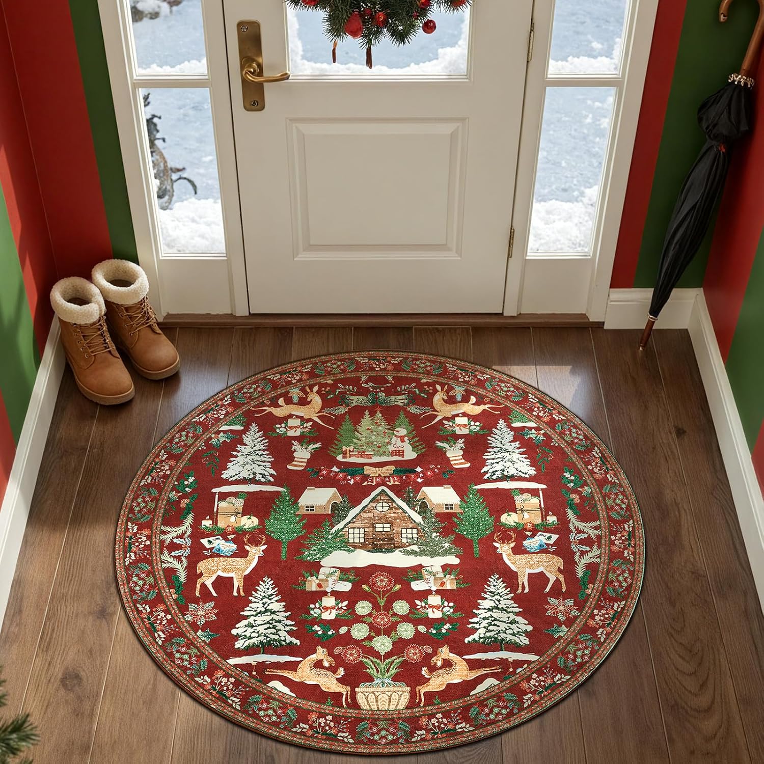 jinchan Round Christmas Rug for Entryway Bedroom 4ft Maroon Circle Holiday Rug for Living Room Printed Christmas Tree and Cabin 4' Winter Xmas Decor Washable Indoor Carpet for Foyer Non-Slip