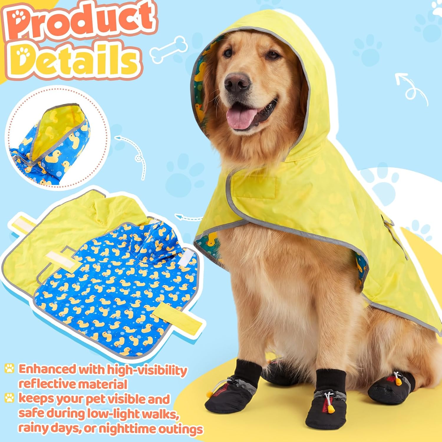 Condition photo showing New/Like New for dog raincoat and shoes for weighing 20-38lbs, spring summer waterproof dogs boots & paw protectors, adjustable pet poncho with leash hole for large medium small dogs, yellow(double side) double side 20-38lbs