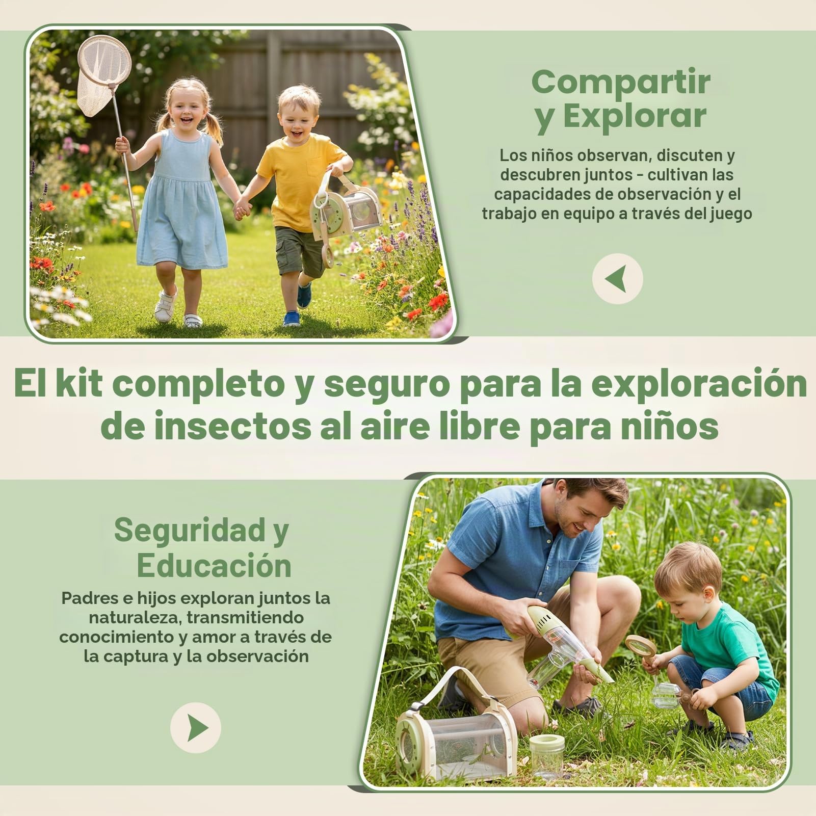 Dreamon Kit de Caza de Insectos para Niños de 3-5 Años: Jaula de Madera, Aspirador, Red y Bolsa - Juguete de Exploración al Aire Libre y Safari