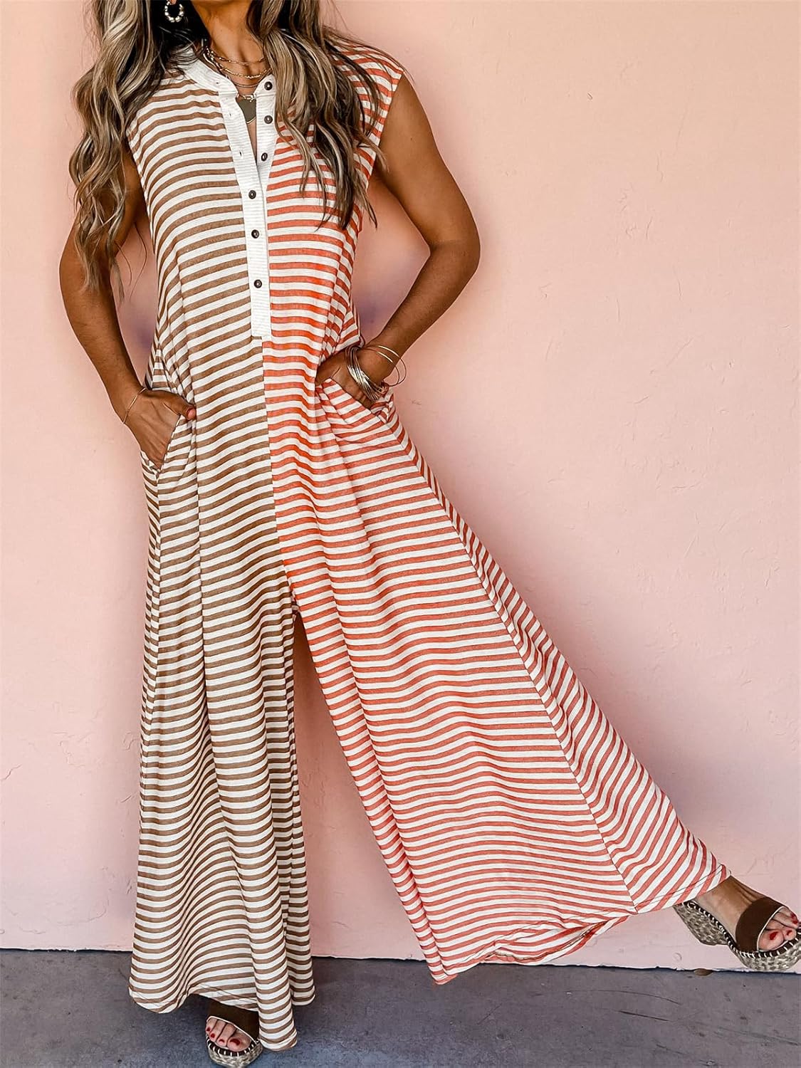 HOULENGS Women's Casual Striped Sleeveless Jumpsuit Wide Leg Flowy Rompers Button Baggy One Piece Overalls with Pockets