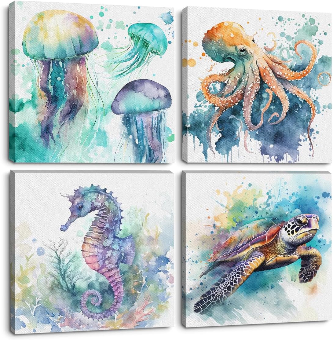 4PCS Sea Animals Room Decor Jellyfish Sea Turtle Decor Canvas Wall Art Framed Home Decor Watercolor Seahorse Octopus Paintings Wall Decor Modern Canvas Prints for Playroom Farmhouse Living Room