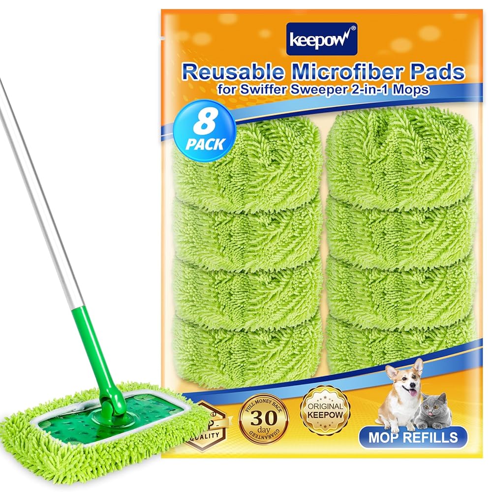 KEEPOW Reusable Microfiber Mop Pads Compatible with Swiffer Sweeper Mop, Dry Sweeping Cloths, Washable Wet Mopping Cloth Refills for Surface/Hardwood Floor Cleaning, 8 Pack (Mop is Not Included)