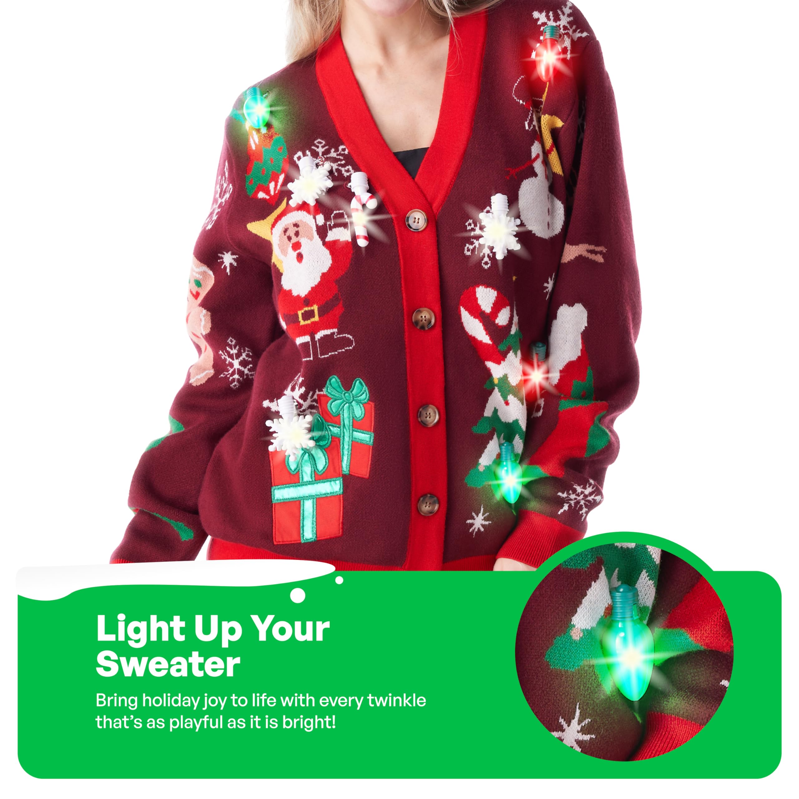 Giggling Getup Maglione natalizio da donna, maglione brutto luminoso, divertente maglione natalizio