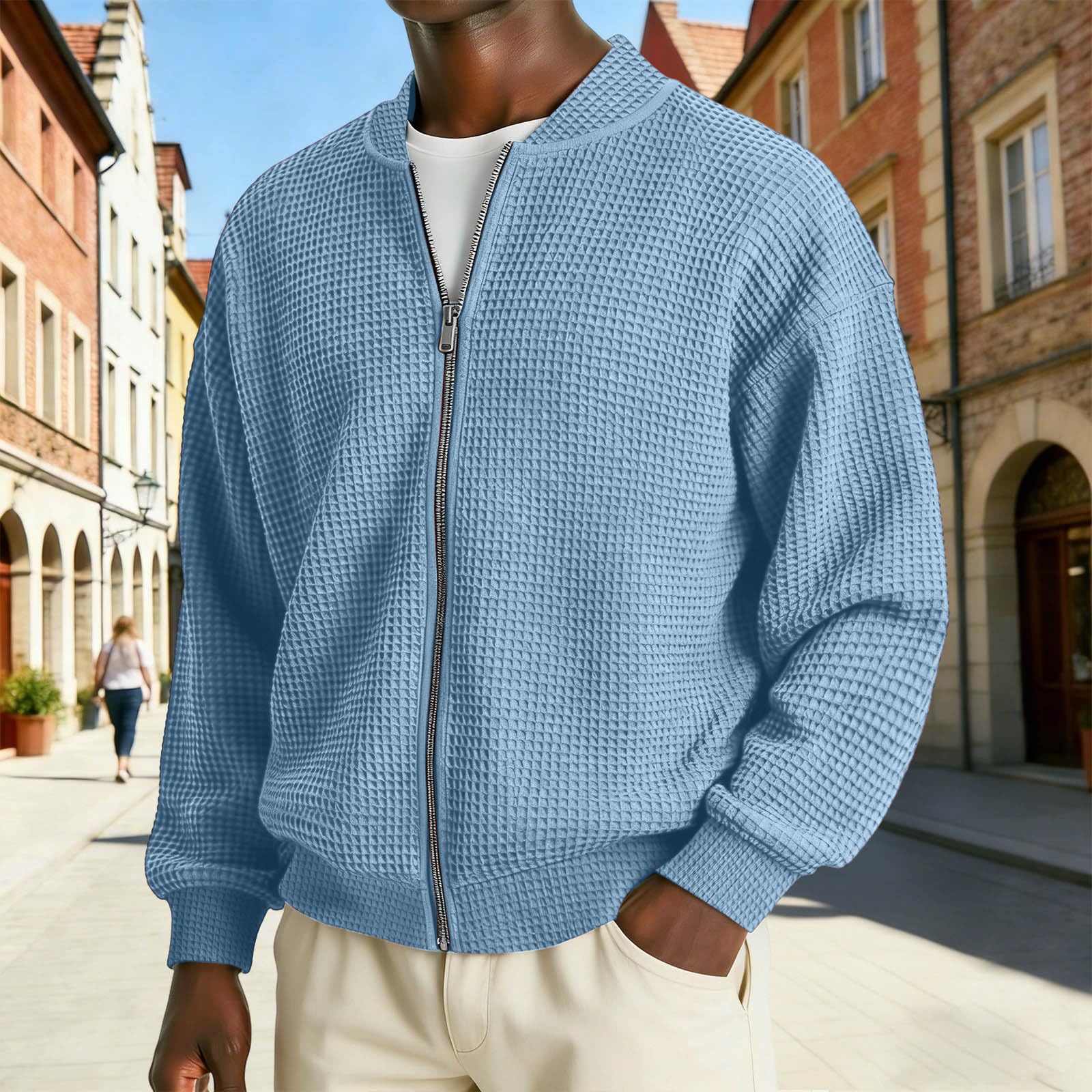 Cárdigan Casual Cremallera Integral para Hombre Cuello Alto Punto Acanalado Chaqueta Sudadera Primavera Verano