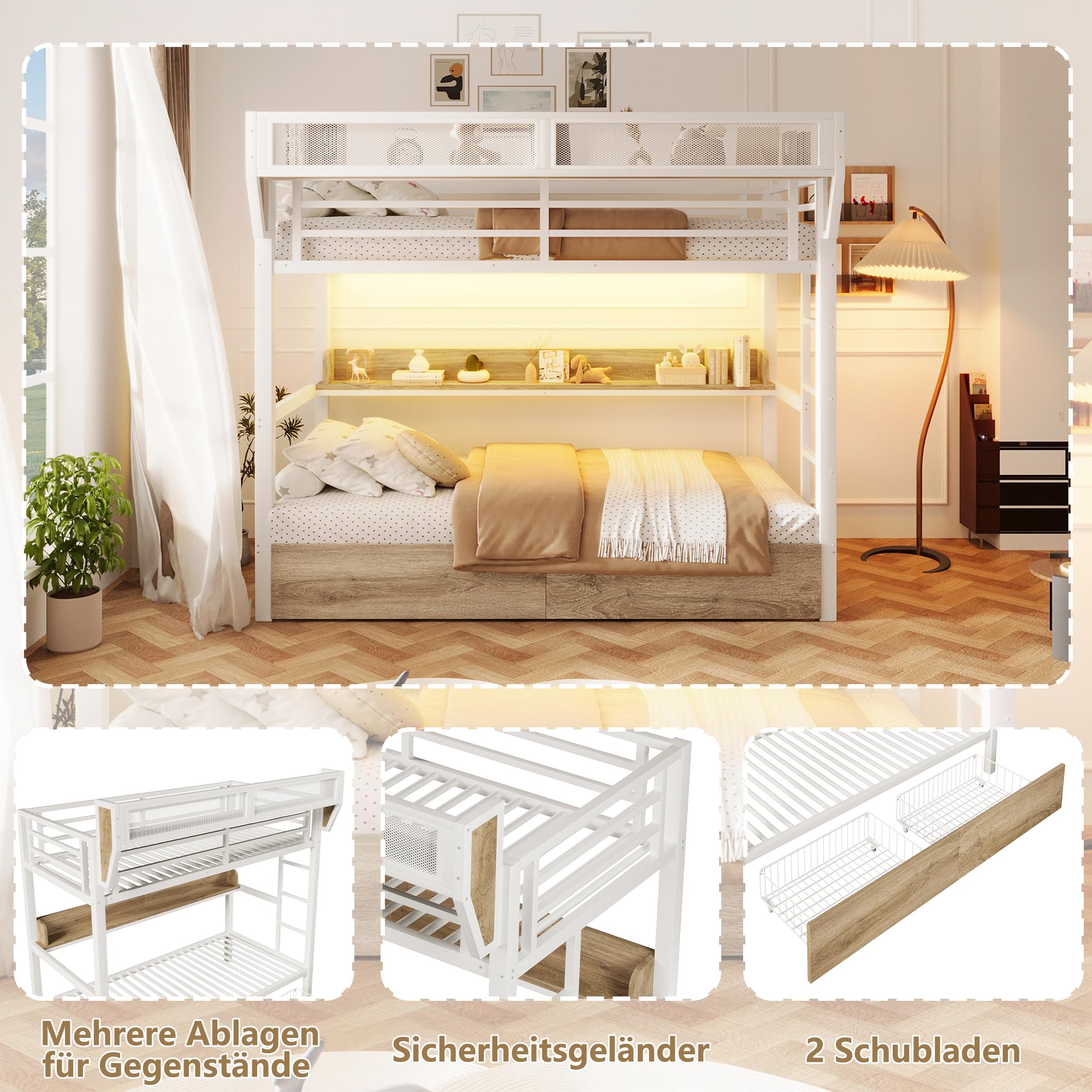 Litera de 90 x 200 cm con escalera, 2 cajones de hierro, estante y cesta de almacenamiento, cama de hierro, cama de metal multifuncional para niños y adolescentes, sin colchón, color blanco