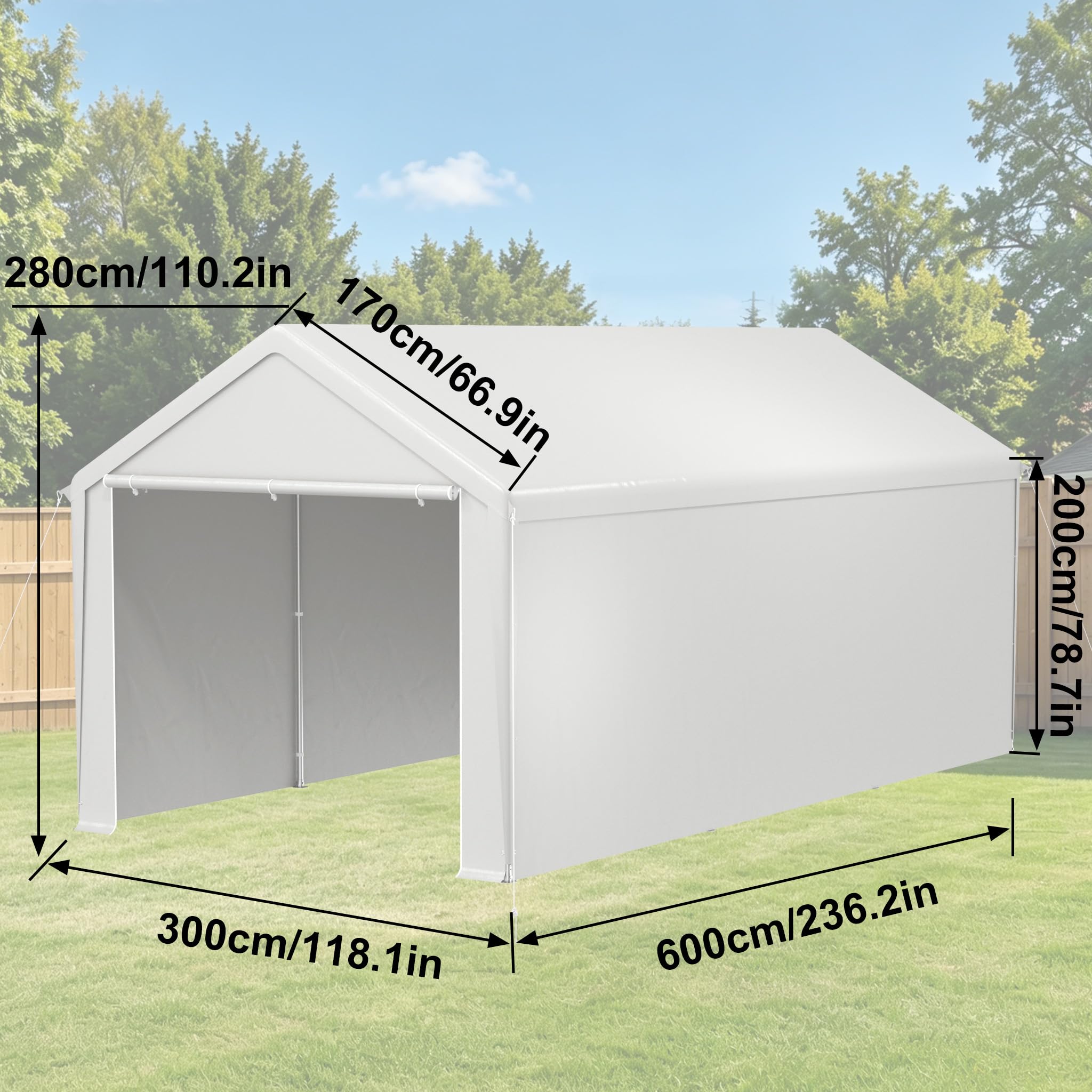 Carport - Tienda de campaña (3 x 6 m, lona de polietileno, resistente a la intemperie, marco de acero galvanizado, con anclajes y cuerdas tensoras, refugio para coches, dispositivos y