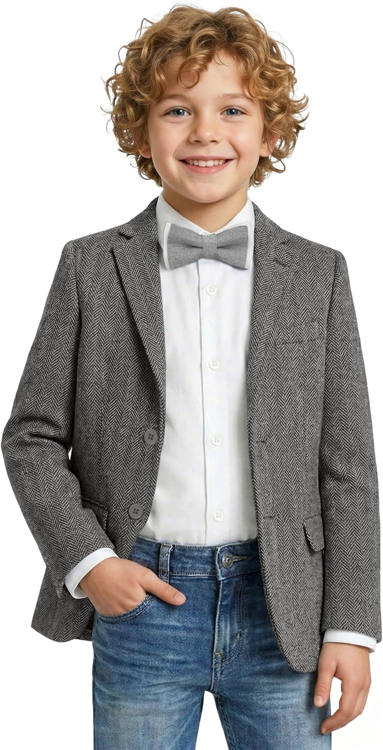 Boys Suit Blazer with Bow Tie Herringbone Sport Coat Formal Retro Tweed Classic Kids Wedding School Jacket for Boy