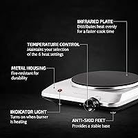 Vista 2 de OVENTE Quemador individual infrarrojo para encimera, placa eléctrica de 1000 W con placa de cocina de vidrio cerámico de 7.5 pulgadas, ajuste