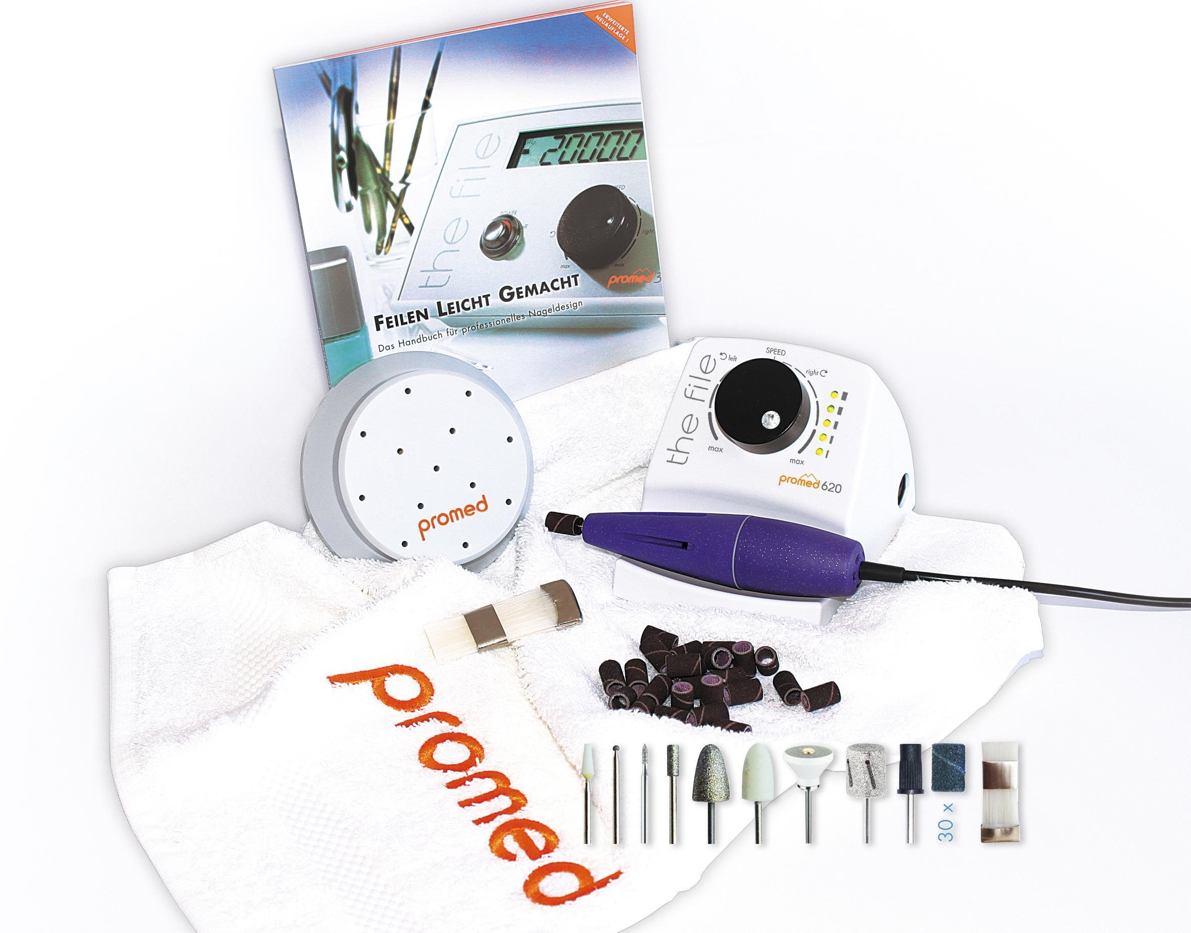 Promed 620 DeLuxe Professionelles Maniküre-/ Pediküre-Set, Elektrische Nagelfeile mit 9 hochwertigen Aufsätzen, Elektrischer Nagelfräser mit Zubehör Made in Germany