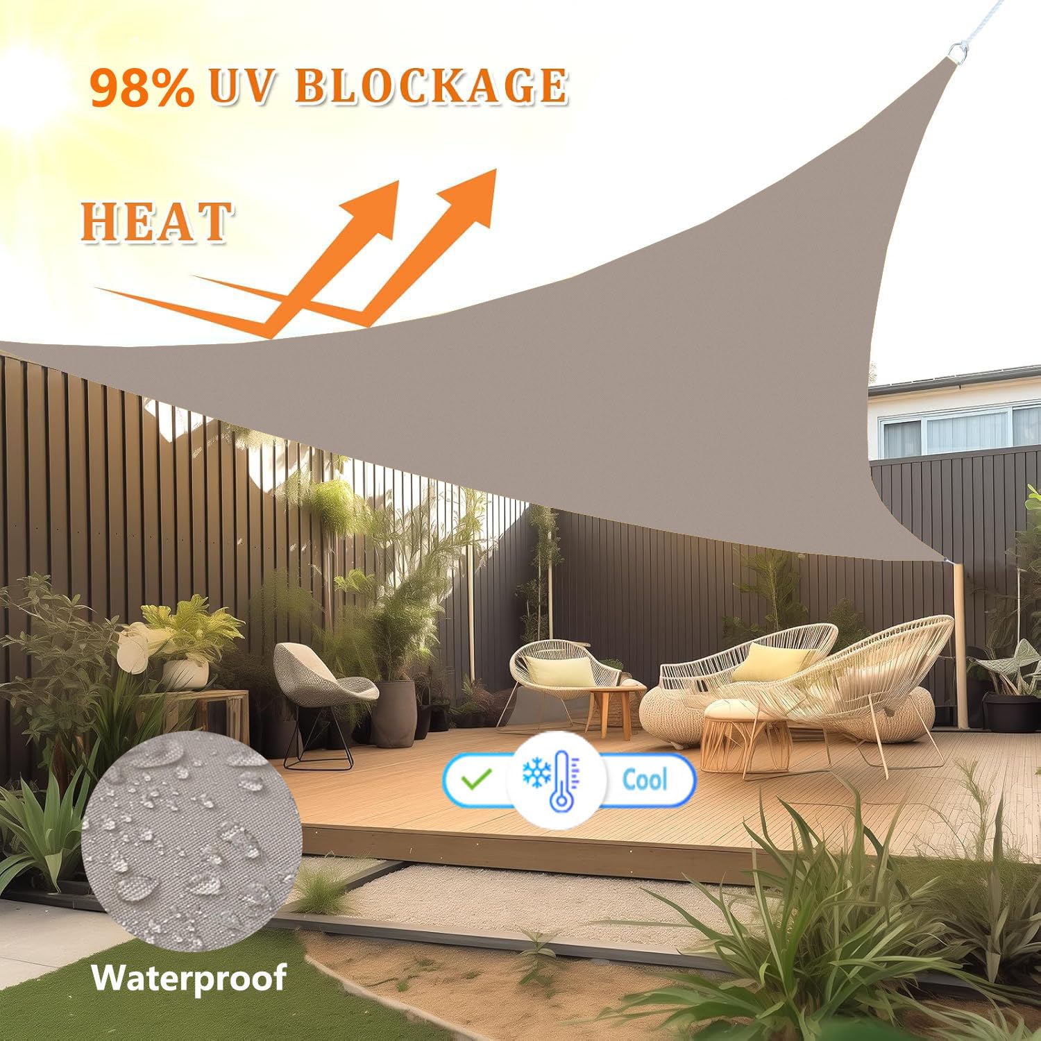 Tenda parasole triangolare, 8,8 x 8,8 m, impermeabile, resistente ai raggi UV, per giardino, patio e balcone, protezione solare esterna, con anelli a D e corda