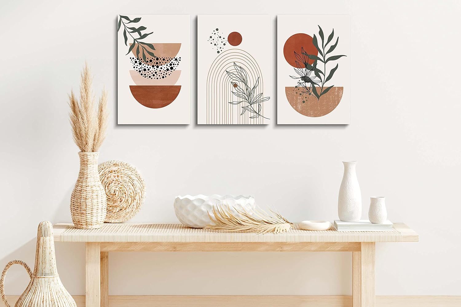 Boho Wall Art Prints，Boho Wall Decor, Mid Century Modern Wall Art，Set of 3 Prints, Abstract Geometric Prints Black Beige Terracotta Minimalist Art, Natural Framed Canvas Prints Artwork For Living Room