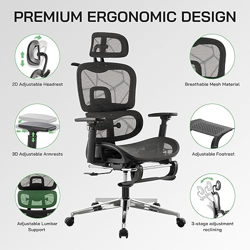 Miniatura 3 de Silla de oficina ergonómica de malla con reposapiés, silla de malla de respaldo alto para juegos con soporte lumbar, reposacabezas y apoyabrazos