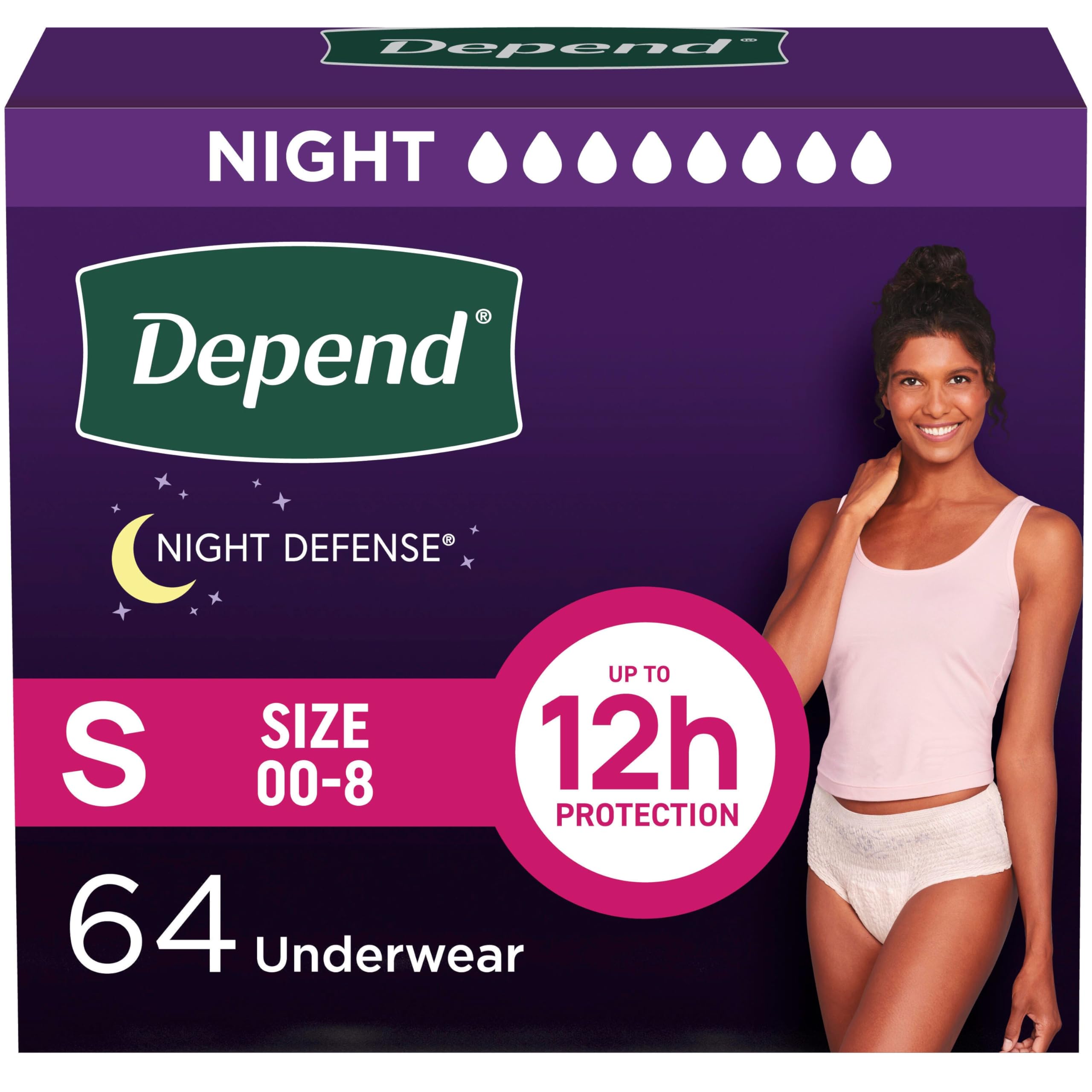 Night Defense Adult Diapers, Incontinence & Postpartum Bladder Leak Underwear for Women, Disposable, Overnight, Small, Blush, 64 Count (4 Packs of 16), Packaging May Vary