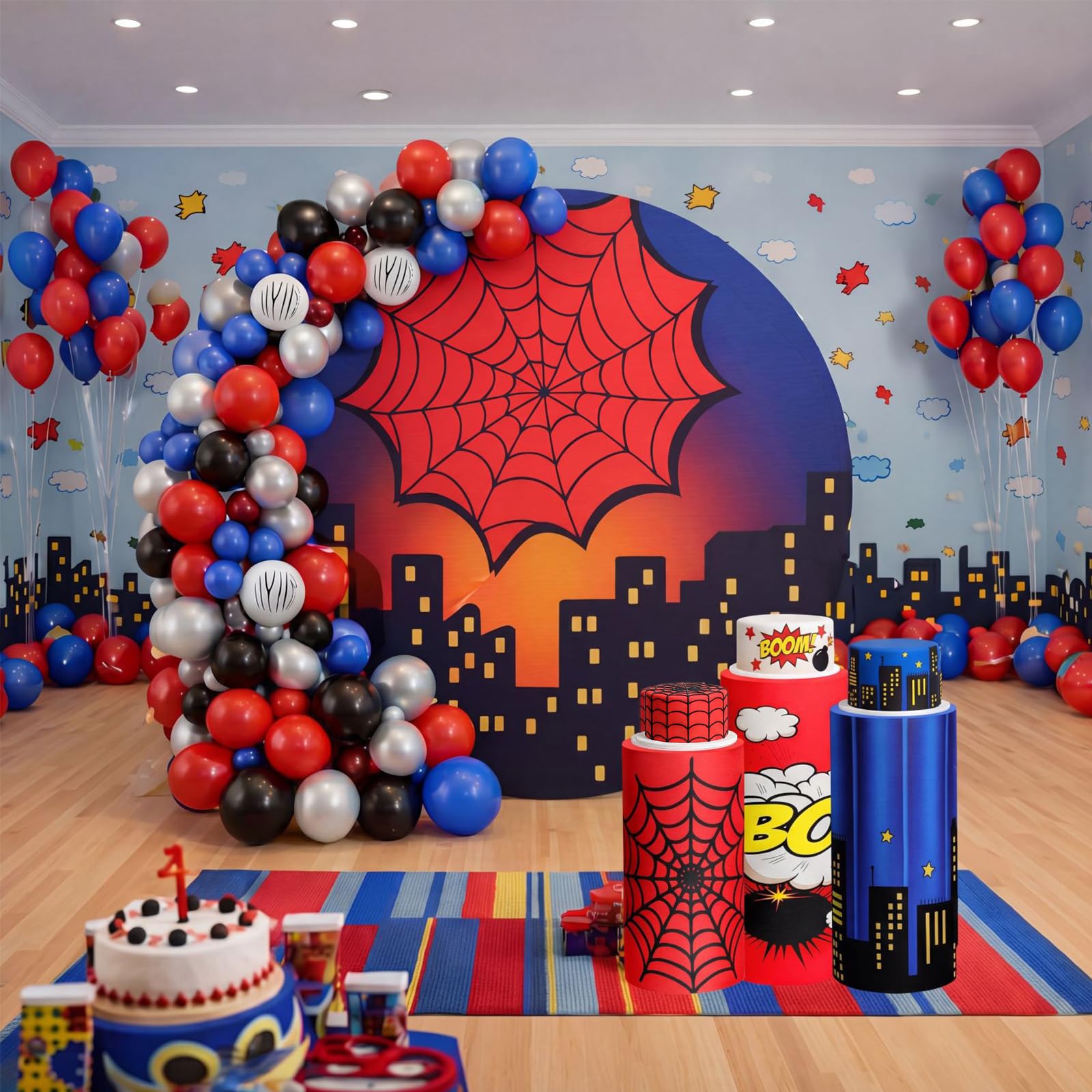 Photo 1 of 146 Pcs spider Arch Backdrop Cover Cylinder Stand Covers balloons set for party Photo Props 7.2 feet Round Backdrop spider Spandex Pedestal Covers for Birthday Baby Shower Ceremony Party Decor