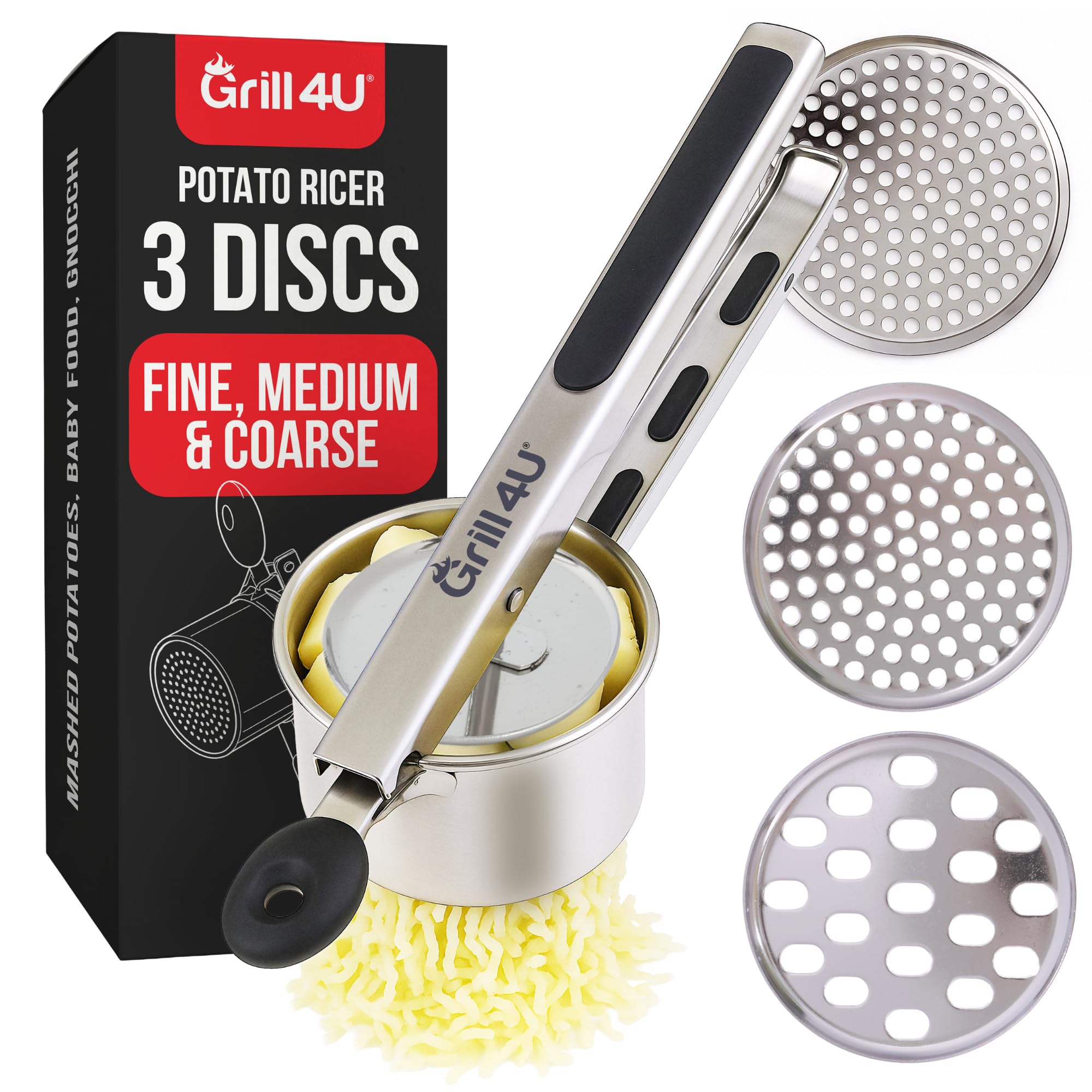 Large 15oz Potato Ricer with 3 Interchangeable Discs - Professional Stainless Steel Masher for Fluffy Mashed Potatoes, Gnocchi &amp; Guacamole - Ergonomic Silicone Handles, Heavy Duty &amp; Dishwasher Safe