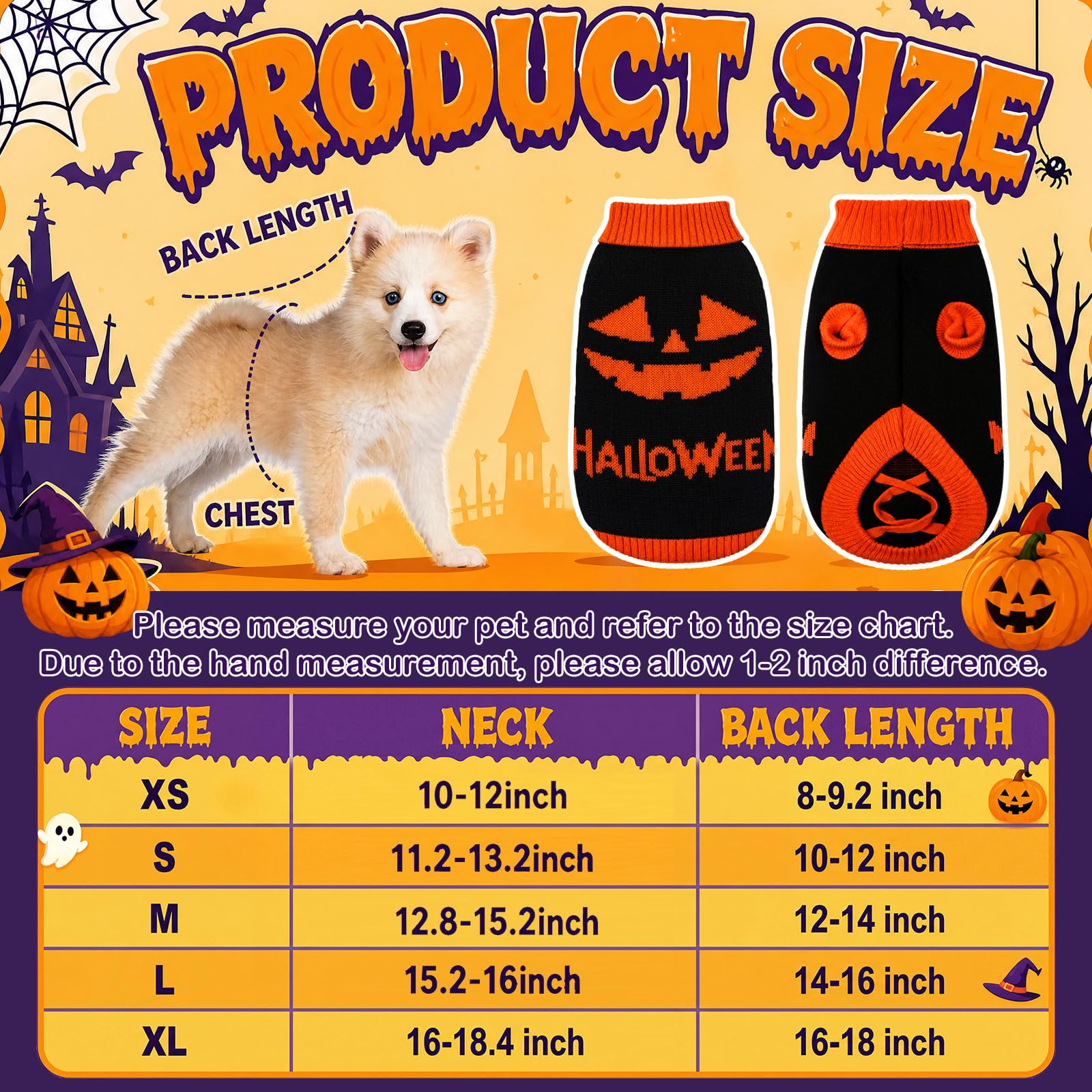 Lot de 4 pulls pour chien Halloween citrouille avec trou pour | Ensemble de vêtements d'hiver doux et extensibles pour chihuahua, yorkshire, petites races, vêtements d'hiver chauds avec