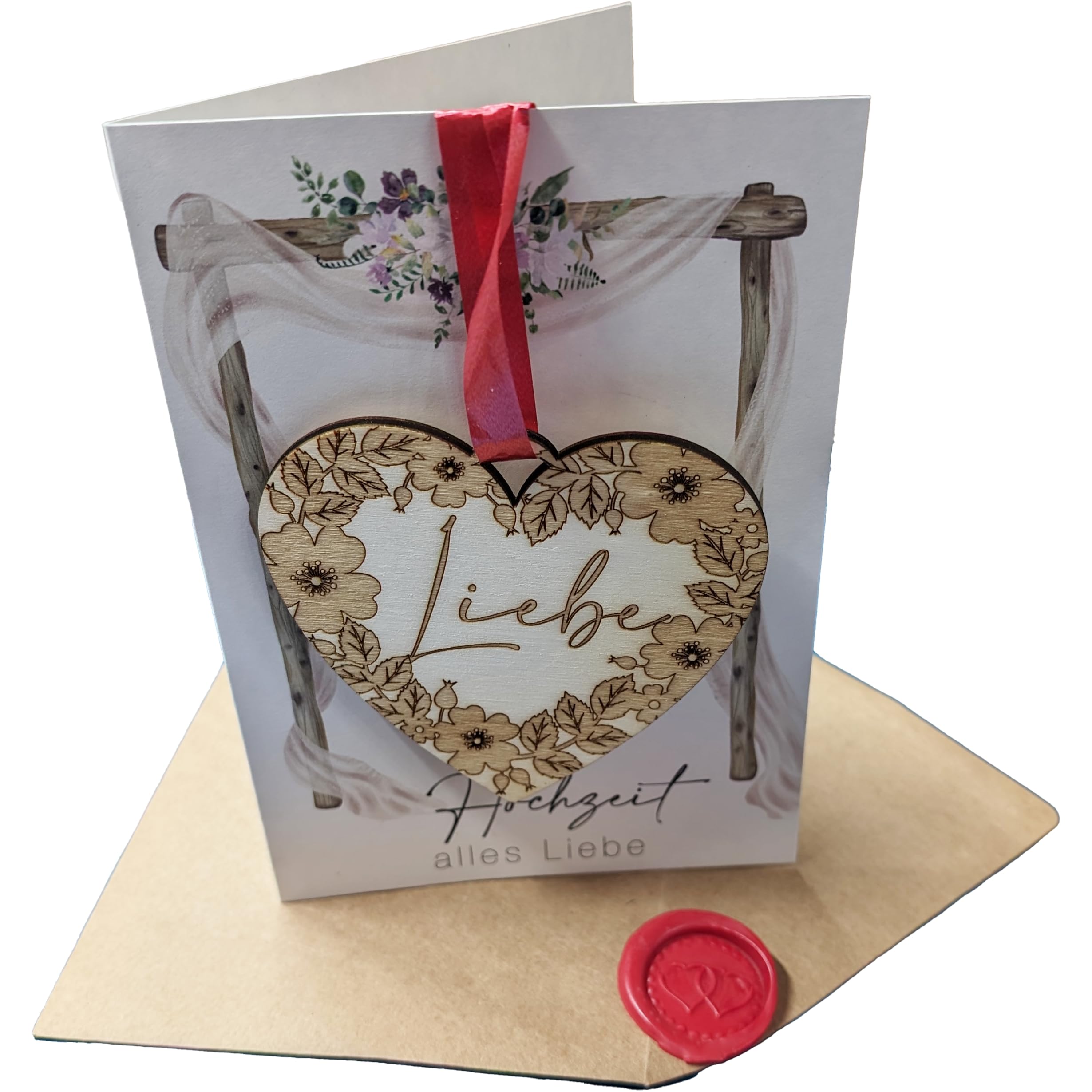 Hochzeitskarte Mit Holz-Herzanhänger | Rustikales Design Mit Gravur & Gedicht - 12,7 X 17,8 Cm