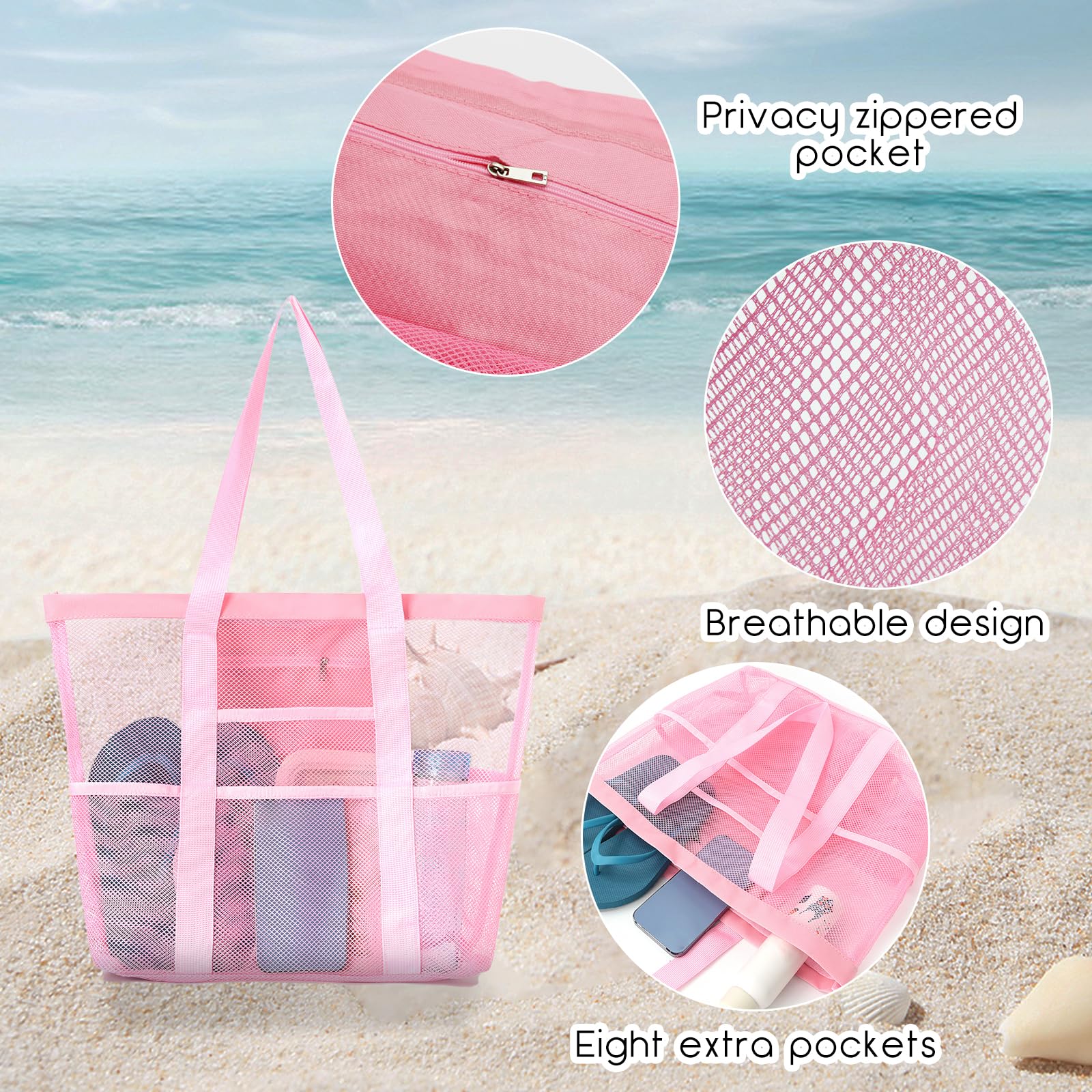 Borsa da Spiaggia Rete Grande Capacità Impermeabile Leggera con Cerniera per Piscina Picnic Viaggio
