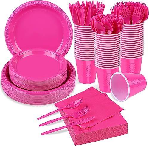 ADXCO Juego de vajilla desechable de 350 piezas, color rosa intenso, incluye platos de plástico rosa intenso, vasos, servilletas, cuchillos,