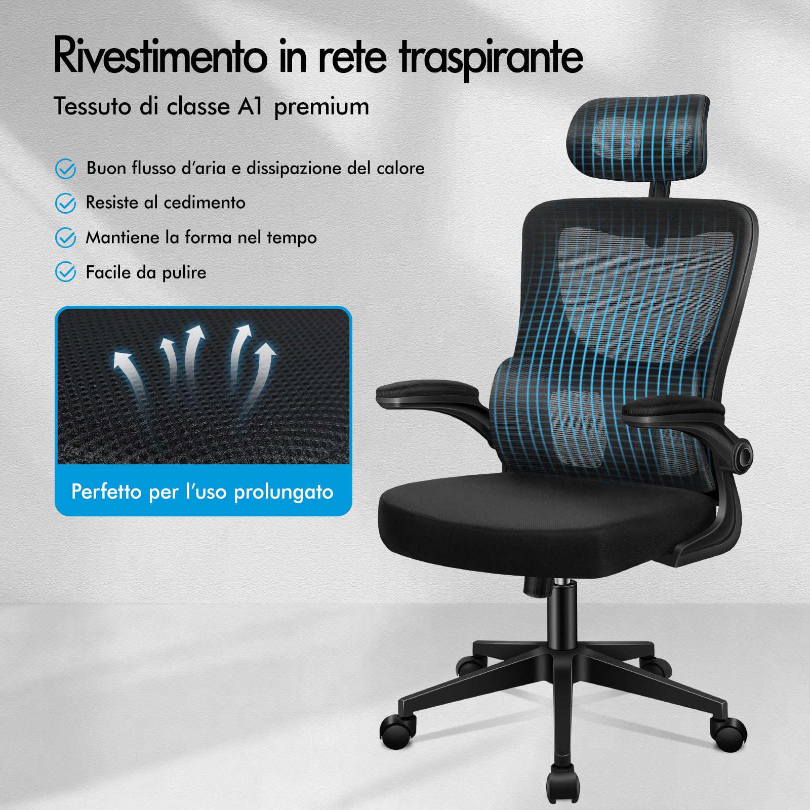 ALFORDSON Sedia da Ufficio Scrivania Ergonomica Lombare Nera | Poltrona Girevoli in Rete Serie NYLES, Supporto lombare adattivo, Poggiatesta regolabile, Braccioli imbottiti, Portata 150 kg