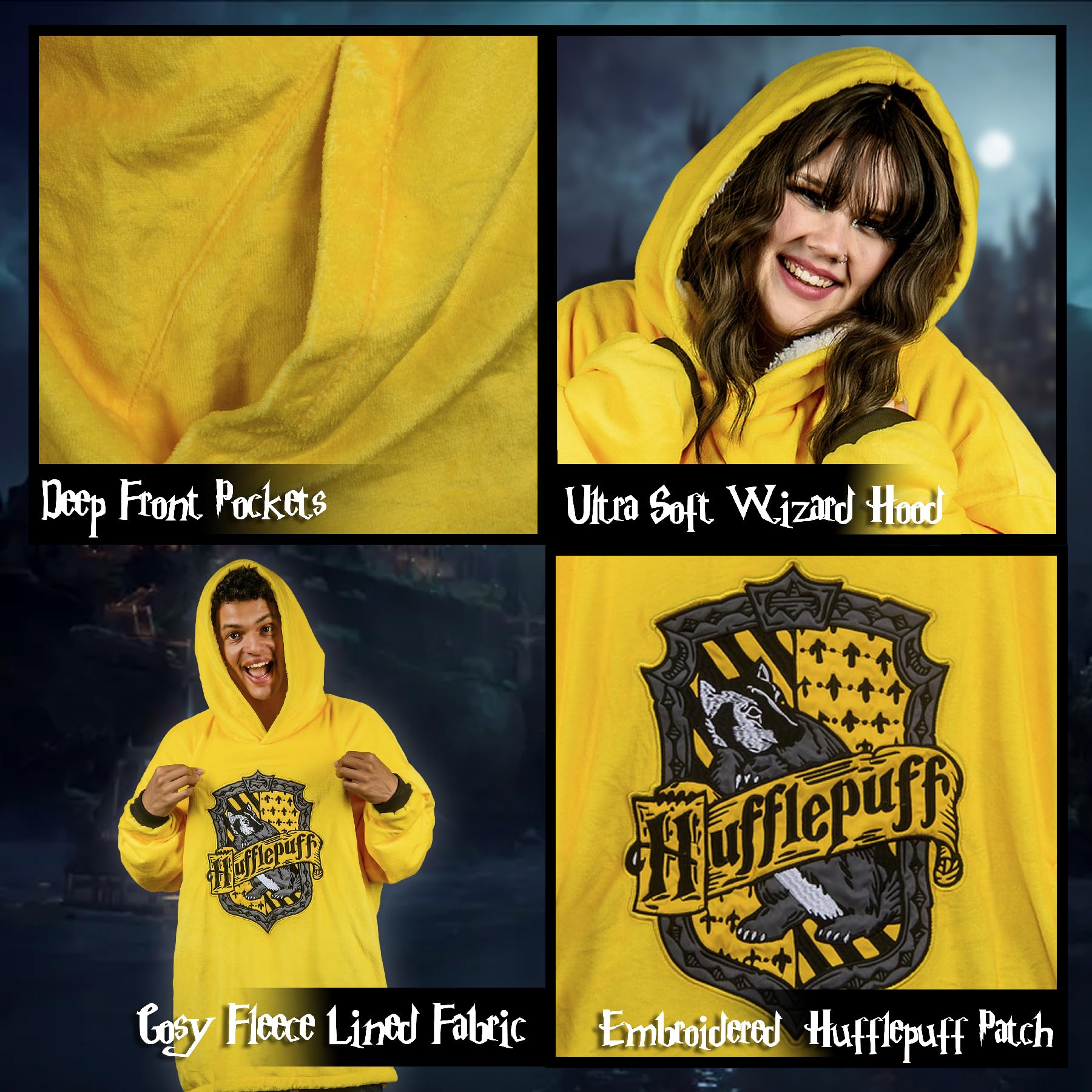 Coperta con cappuccio oversize di Harry Potter con Tassorosso, in morbido pile indossabile, design con stemma della casa, regali per donne, uomini, adulti, bambini, giallo