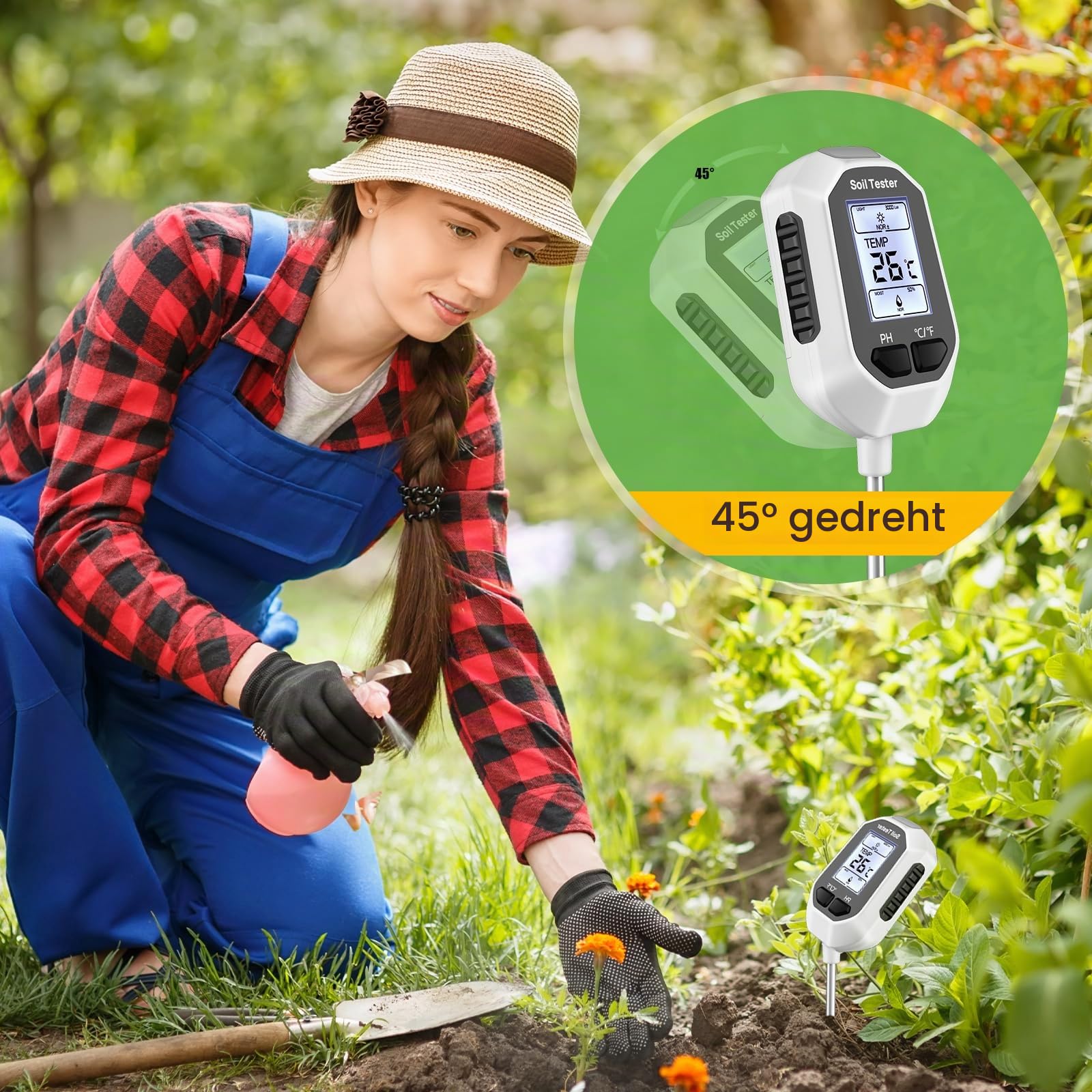 YAMRON ph messgerät Erde, 5-in-1 Digital Plant bodenmessgerät with PH Value/Temperature/Feuchtigkeit/Licht für Gartenarbeit, Farm, Rasen, Landwirtschaft und Outdoor-Pflanzen