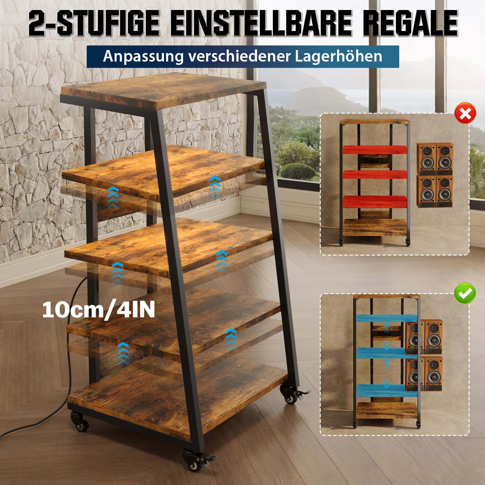 Estante de 5 niveles HiFi con ruedas, tocadiscos, mesa con regletas, luces LED, estante ajustable de madera, soporte para medios HiFi para sistemas de audio, estéreo, 60 x 52 x 110 cm