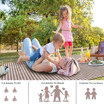 SAMSIER Outdoor Picnic Blankets Waterproof Foldable Sandproof, Large Gingham Cute Picnic Mat Washable Portable for Park Beach Camping Courtyard (Brown, 6080)