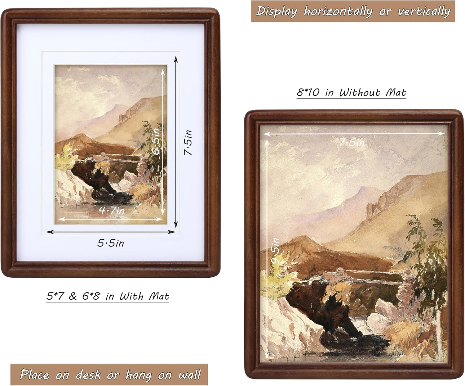 8x10 Picture Frame with Mat for 5x7/6x8, Natural Walnut Wood USA-Sourced Handcrafted Rounded Corner with Real Glass, Vertical or Horizontal Display Photo Gallery Wall & Tabletop Frame