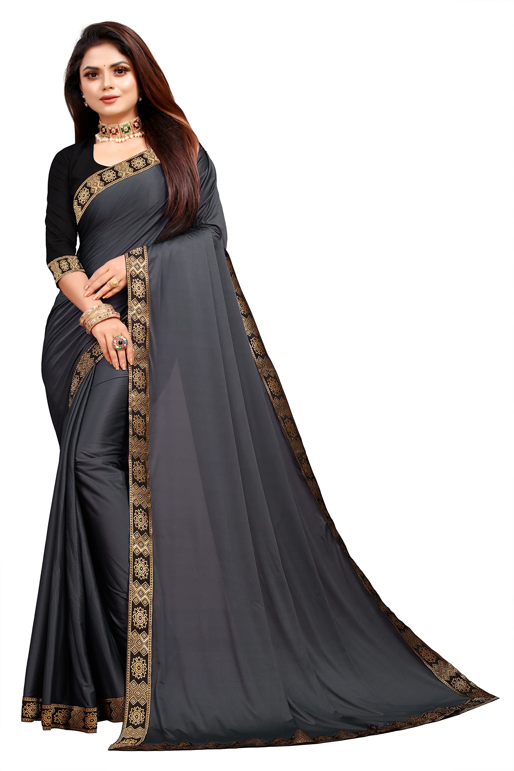 3Buddy FashionWomen's Lycra Plain Jacquard Lace Border Gorgeous Saree with Blouse Piece