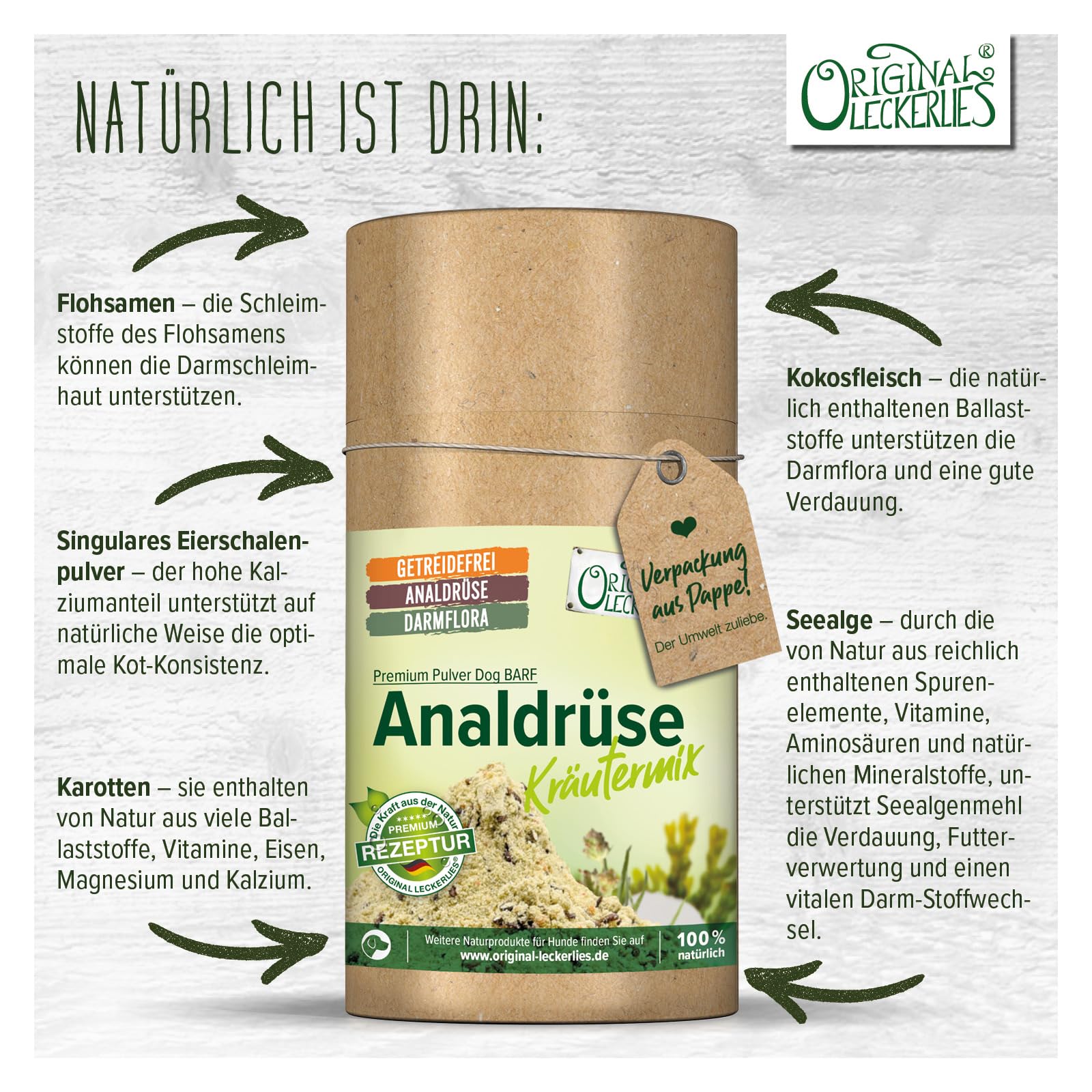 ORIGINAL LECKERLIES Dog Barf Analdrüse-Kräutermix – Pulver für Hunde I natürliche Unterstützung der Analdrüsen, Verdauung, Darmflora und Darmtätigkeit sowie eines gesunden Darms (375 g)