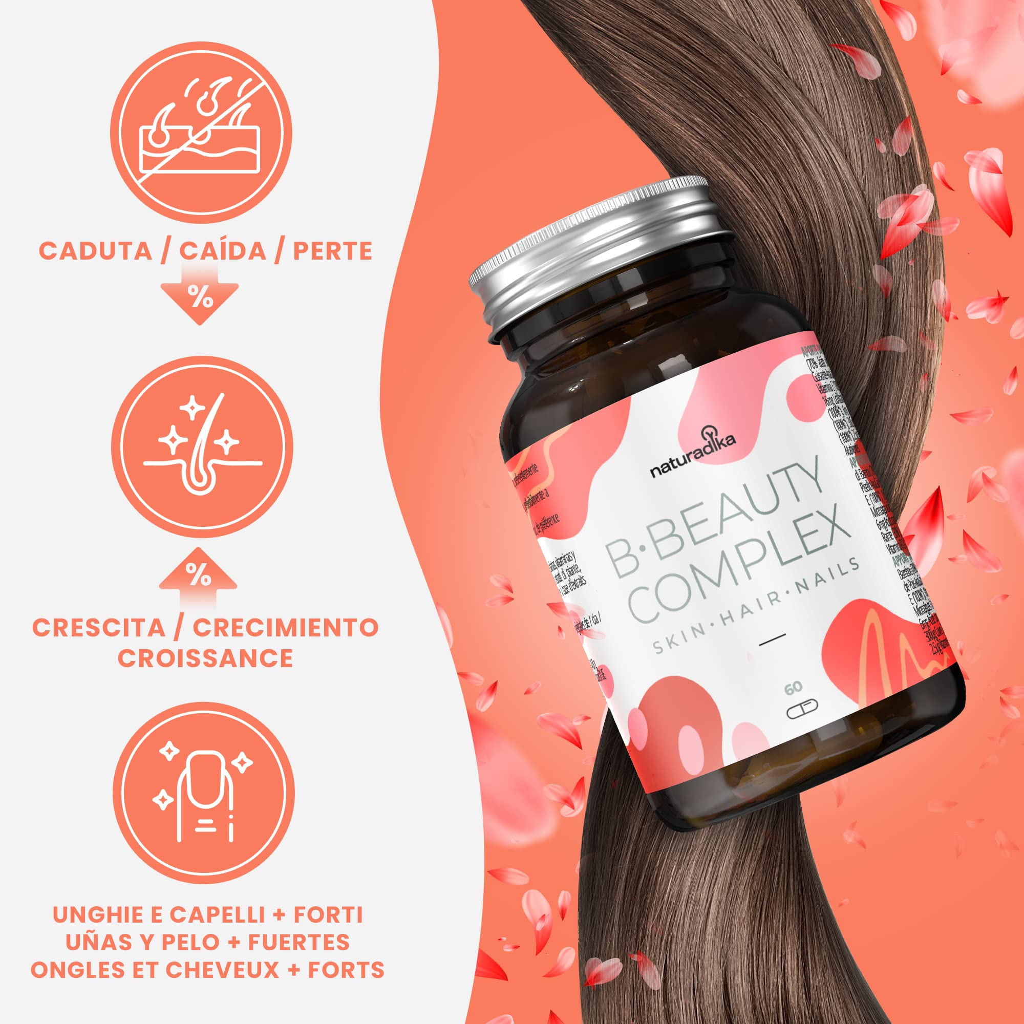 Integratore per Capelli con Biotina e Vitamine B·Beauty Complex | Effetto Anticaduta | Stimola Crescita e Ricrescita | Rinforza Unghie e Capelli | Nutre la Pelle | Integratori per Donna Naturadika