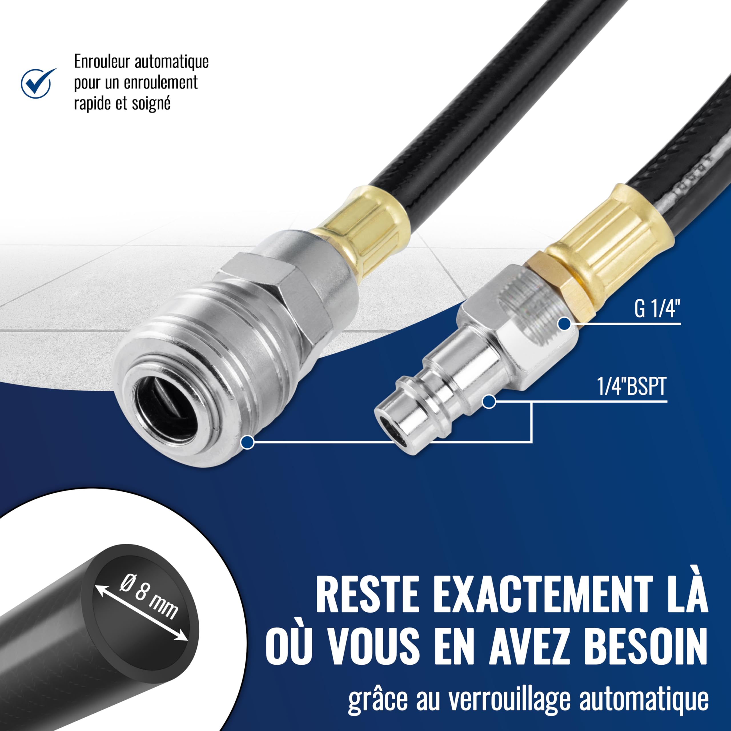 POPPSTAR Enrouleur de tuyau à air comprimé automatique (10m + 1m, diam. intérieur 5/16" (8x12mm), 1/4"BSPT), dévidoir automatique rétractable, Gris