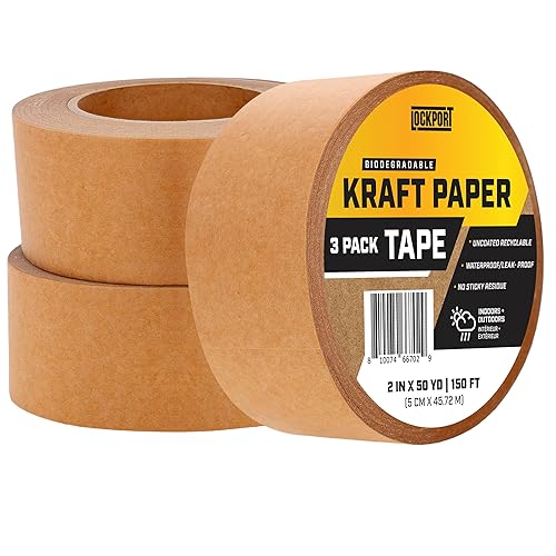 Lockport Cinta de embalaje marrón respetuosa con el medio ambiente, 2 pulgadas x 50 yardas, 3 rollos de cinta de papel kraft marrón con fuerte