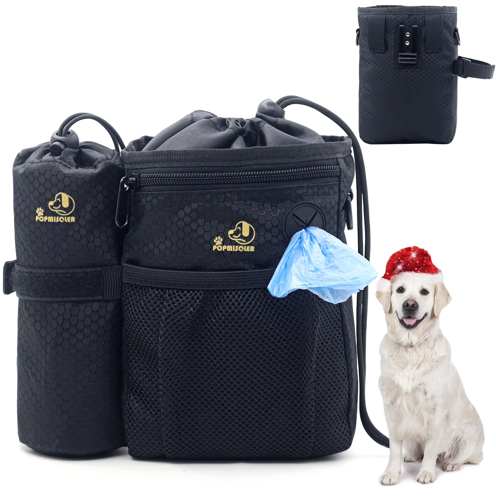 POPMISOLER Dog Treat Bag Dog Training Treat Pouch for Dog Walking Training Bag with Adjustable Waist Belt Clip Shoulder Strap&Poop Bag Dispenser Detachable Water Bottle Holder Dogs Treat Pouch(Black)