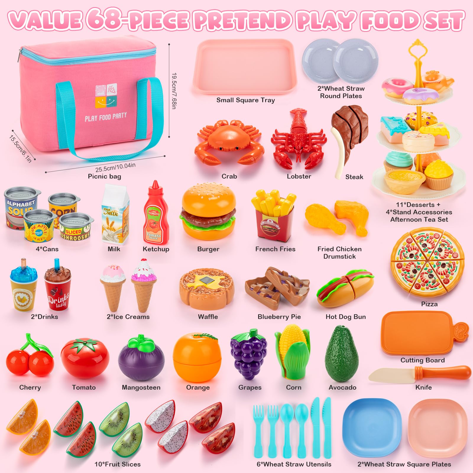 EFOSHM 68-Pièces Cuisine Enfant, Dinette Enfant, Cuisine Exterieure avec Support à Desserts, Jouets Alimentaires Découpables : Pizza, Fruits, Légumes – Cadeau pour Filles et Garçons de 3 à 7 Ans
