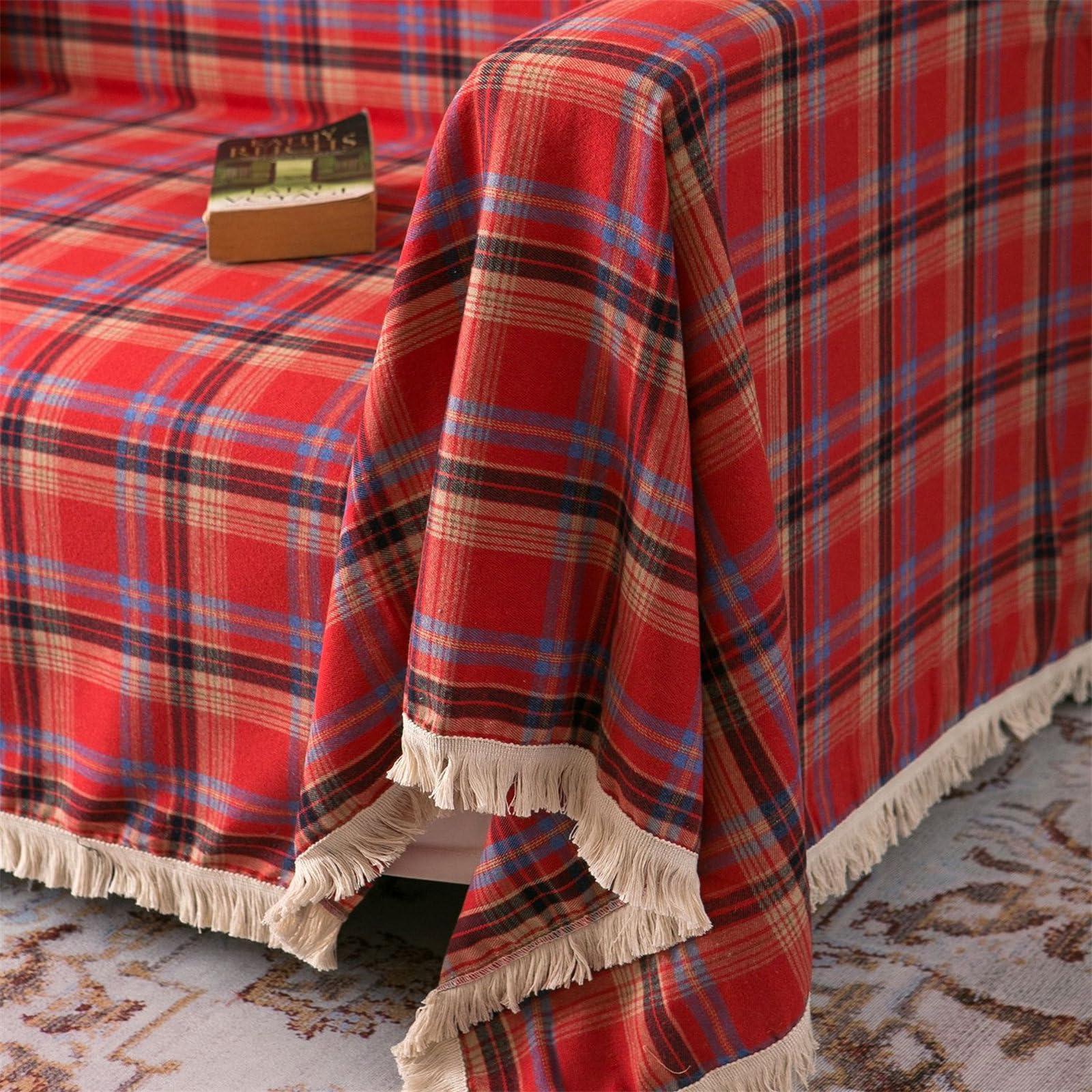 Highdi Telo Copridivano, Classico Plaid Natalizio Natale Copri Divano con Frange Decorative, Copridivano AntiGraffio Gatto Protezione per Mobili e Divano (Rosso,180x140cm