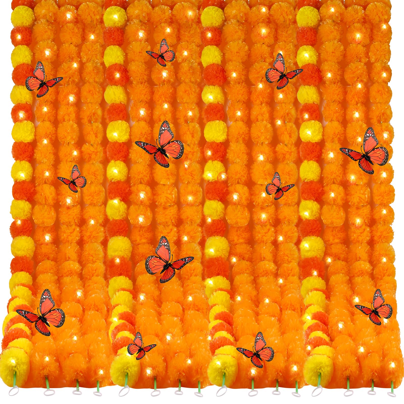 16 Pcs 5ft Halloween Marigold Garland for Decoration with LED Light and Butterfly Artificial Marigold Flowers Indian Faux Garlands for Day of The Dead Diwali Wedding Party Decor (Orange,Yellow, Red)