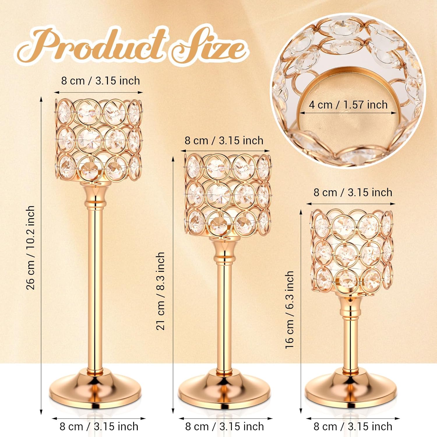 Mumufy 6 Pieces Crystal Candle Holders Set 3 Sizes Tall Crystal Wedding Candlestick Holders Pillar Candelabra Stand for Table Centerpieces for Christmas Party Wedding Dining Decoration (Gold)