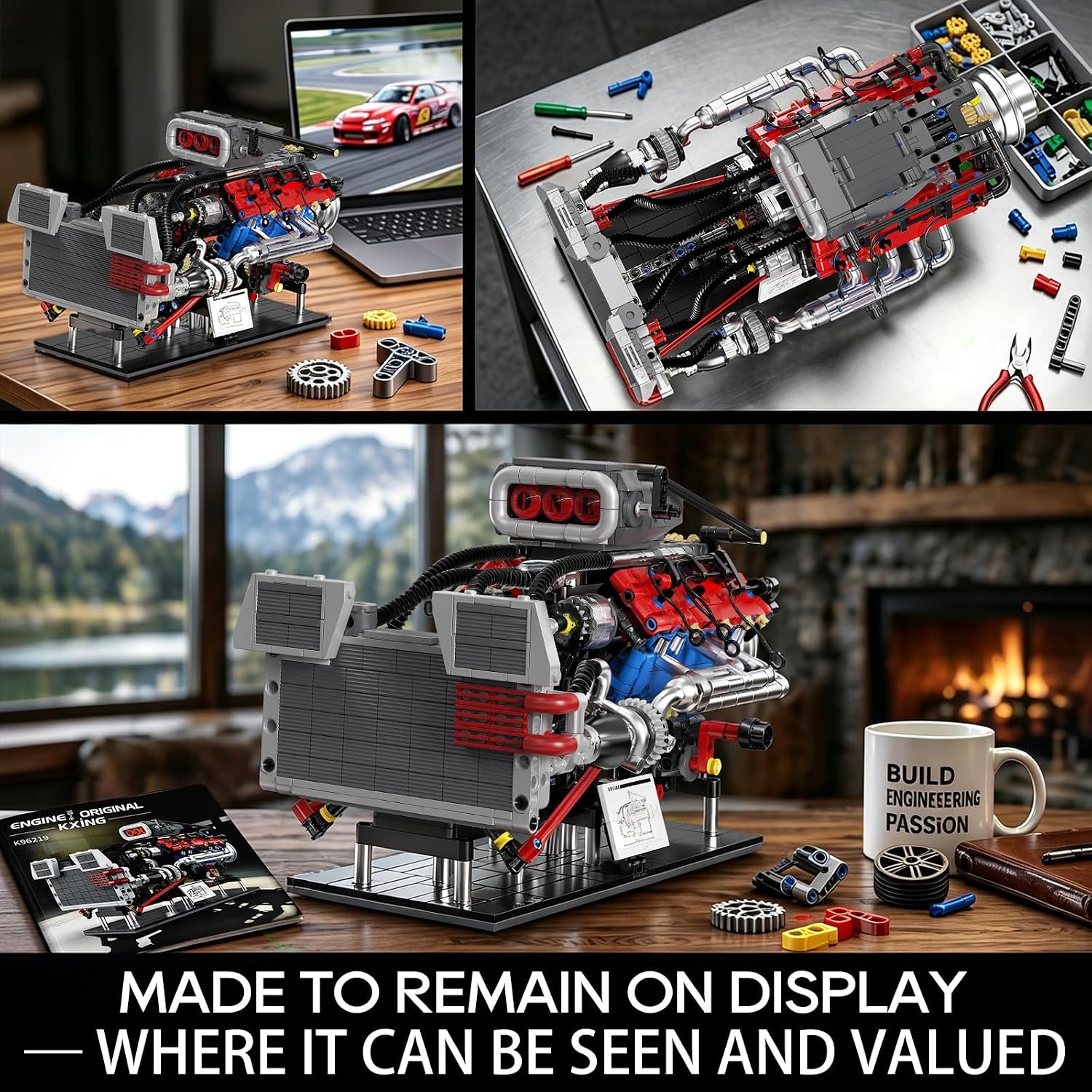 Condition photo showing New/Like New for v8 engine model kit that runs with motor, 1145 pcs engine building blocks kit, visible mechanical transmission system, muscle car model engine building set for adults & kids 8+ k96219