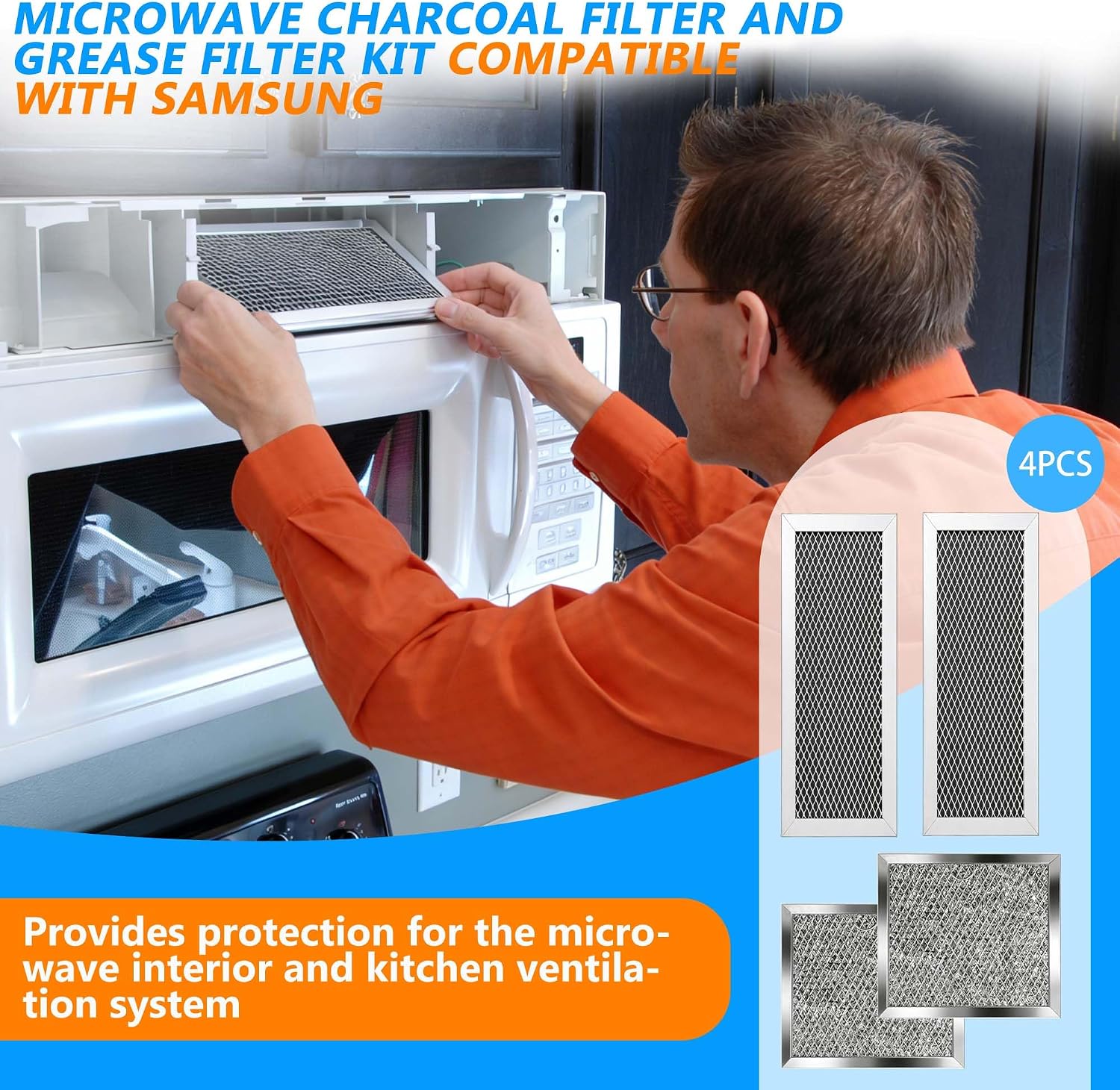 4Pcs Microwave Charcoal Filter and Grease Filter Compatible with Samsung