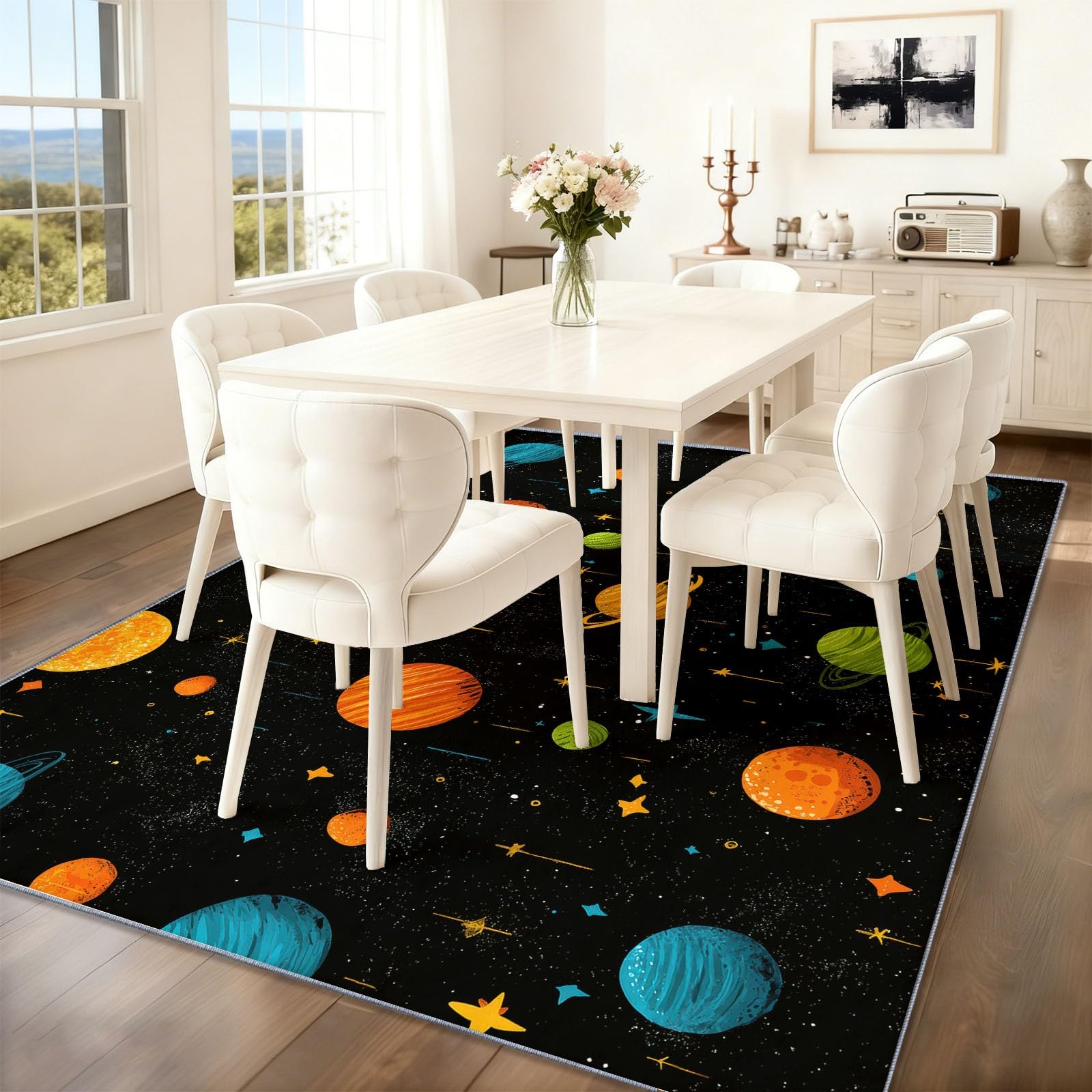 Alfombra lavable a máquina, antideslizante, 120 x 180 cm, alfombra Sci-Fi, lúdica, planetas, suelo de pelo bajo, suave, diseño para habitación infantil, cuarto de baño, habitación de bebé, decoración