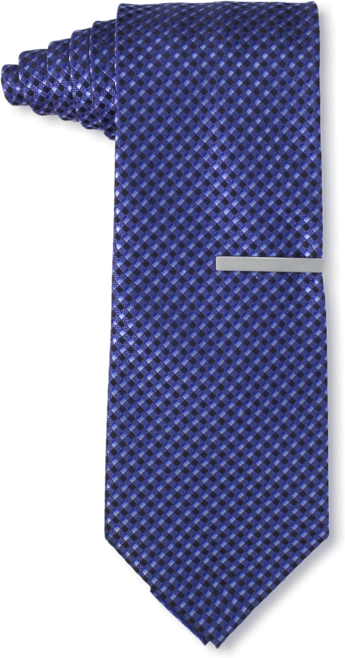 Men's Grid Necktie With Added Tie Bar, Blue, One Size
