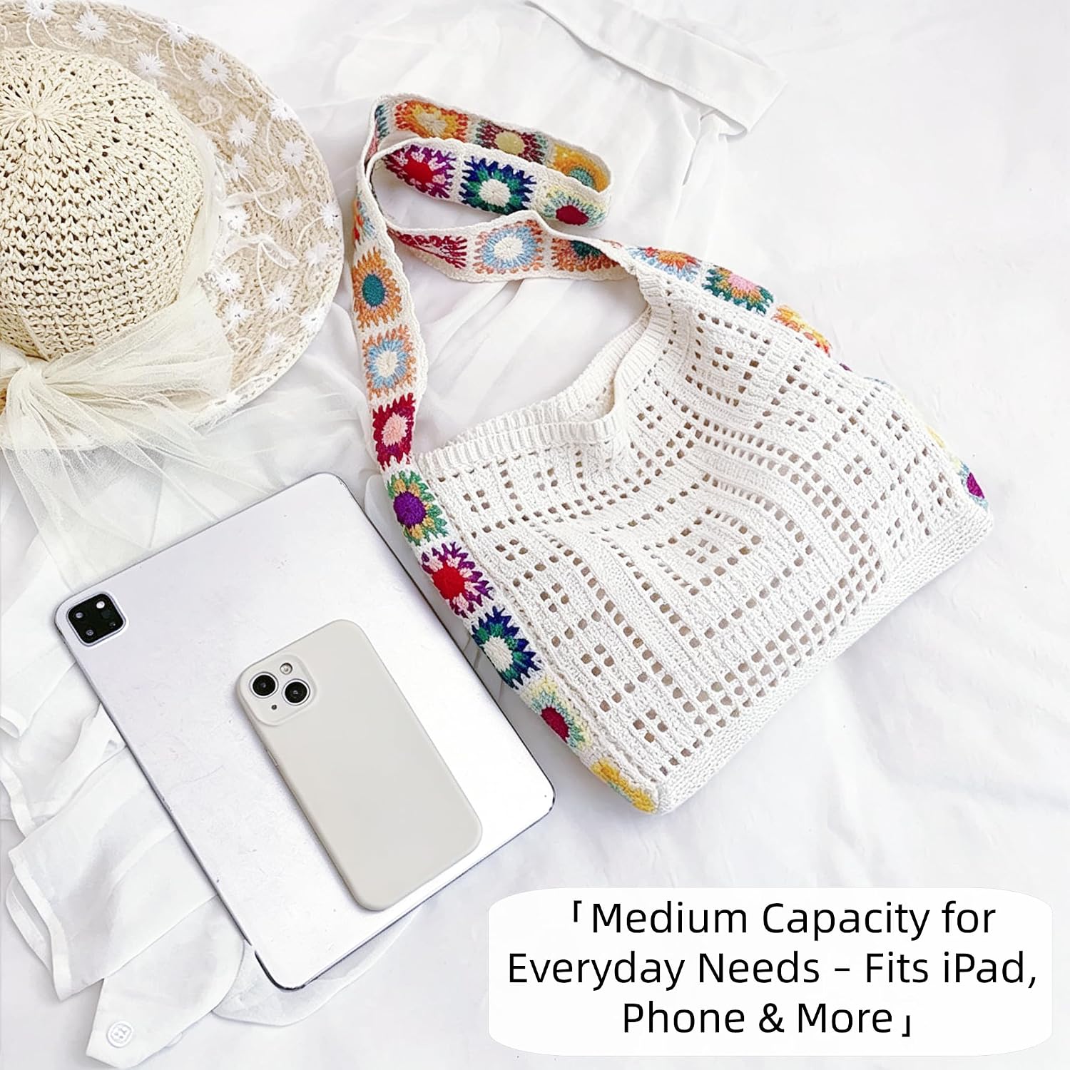 Women's Boho Crochet Tote Bag,Shoulder Bag with Colorful Floral Strap,Knit Hollow Out Crossbody Purse for Travel & Casual Daily Use