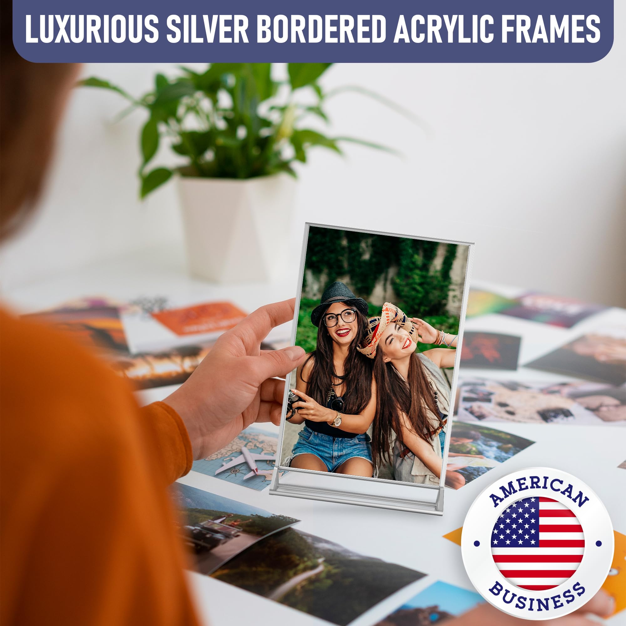 Cornici portafoto argentate su entrambi i lati, confezione da 6, in acrilico, 10 x 15 cm, cavalletto trasparente per cartelli, cornici argentate per numeri da tavolo per matrimoni, porta menu,