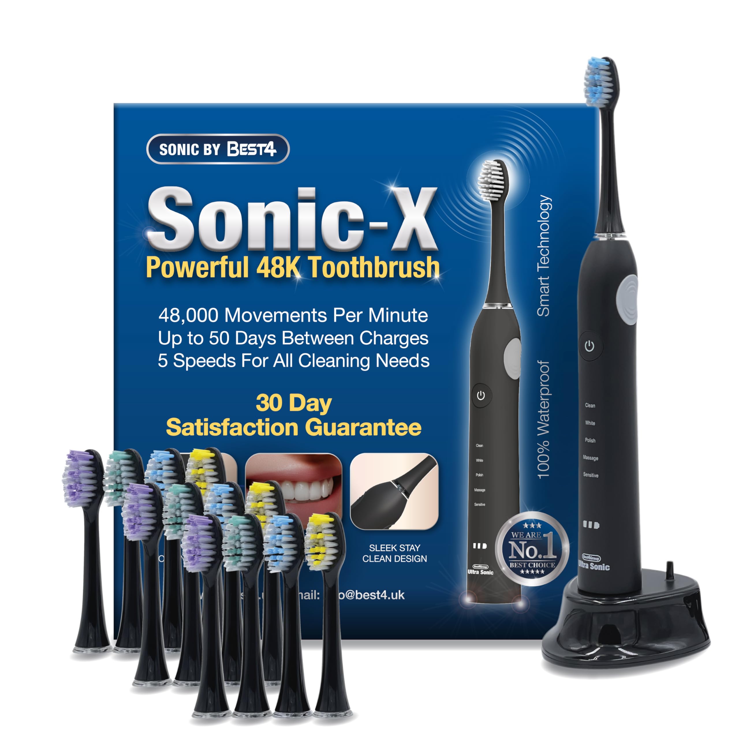 Sonic X by Best4 Electric Toothbrush, Black, Powerful 50 Day Charge, 30 Day Satisfaction Guarantee, Inc 12 Brush Heads