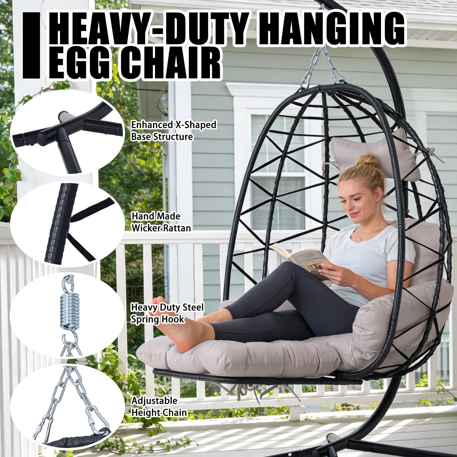 Silla colgante de huevo con soporte y reposapiernas, silla oscilante de mimbre de ratán con cojín, silla colgante de cesta de patio, silla hamaca de mimbre para interiores y exteriores, dormitorio